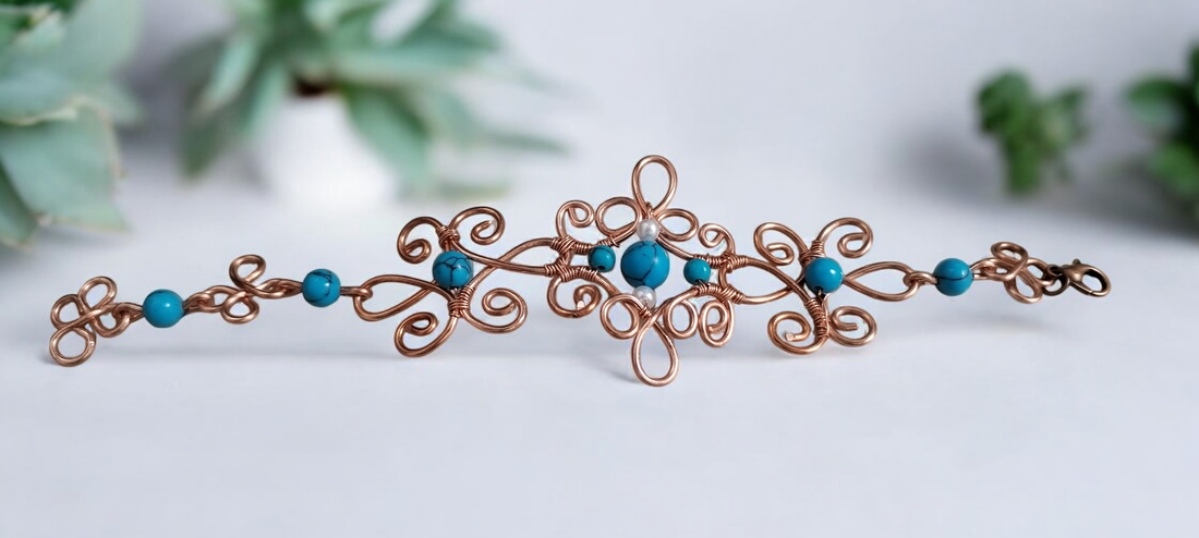 Brățară cupru cu turcuaz - bijuterii - brățări - brățări împletite - Artynos.ro