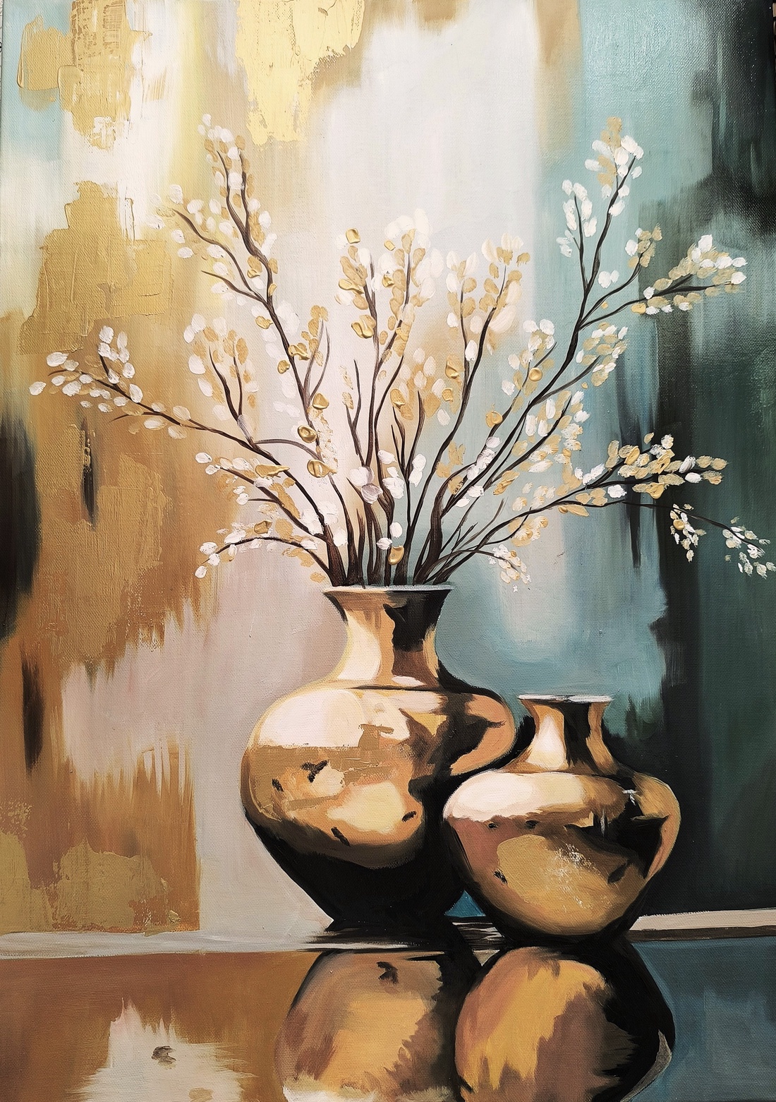 Pictură în ulei cu vază aurie și albastră - arte vizuale și accesorii  - picturi - pictură în ulei - Artynos.ro