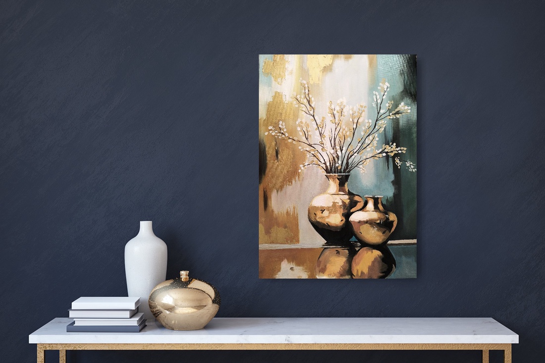 Pictură în ulei cu vază aurie și albastră - arte vizuale și accesorii  - picturi - pictură în ulei - Artynos.ro