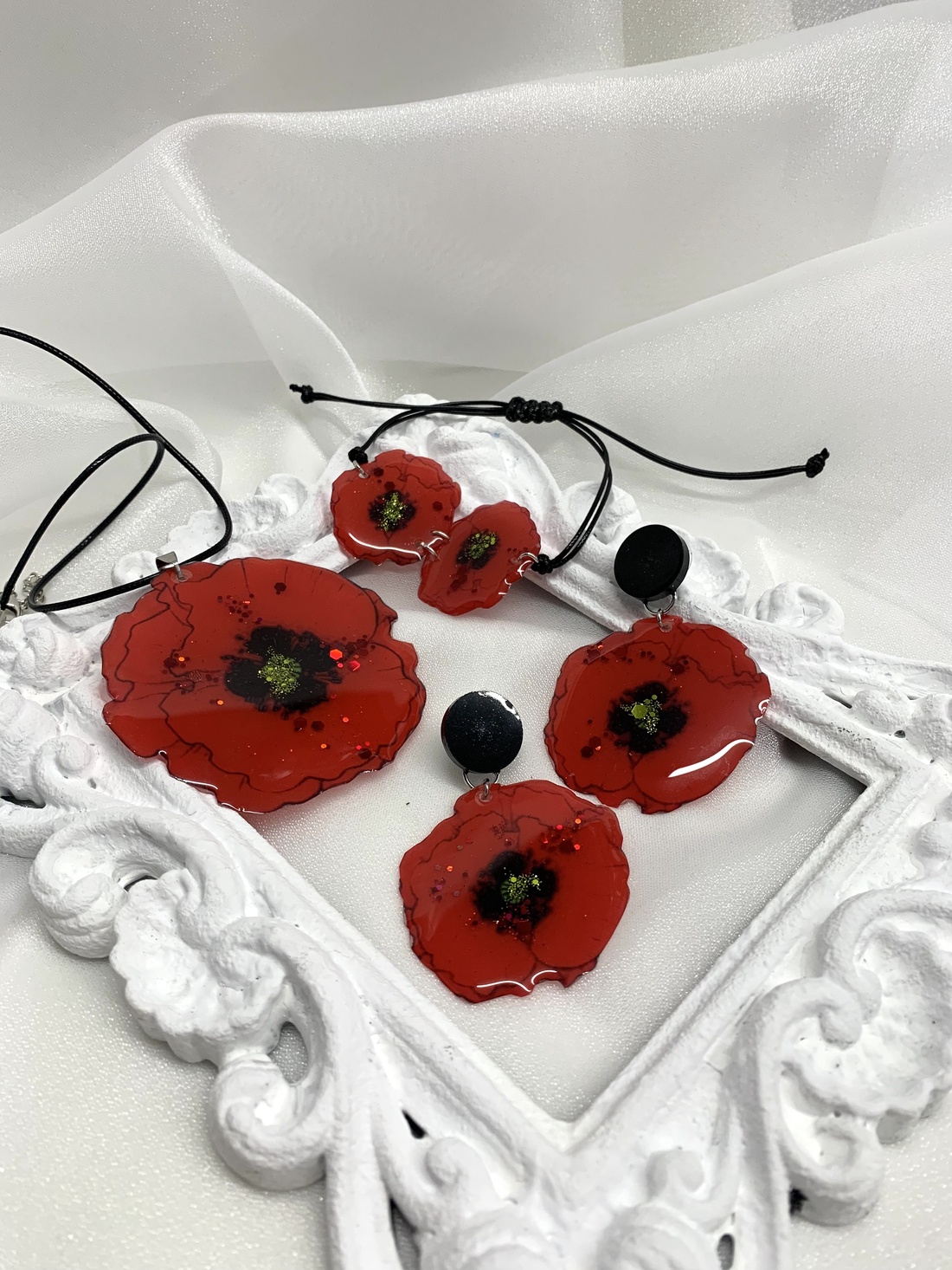 Set bijuterii handmade unicat din rasina - maci  00667 -  - Artynos.ro
