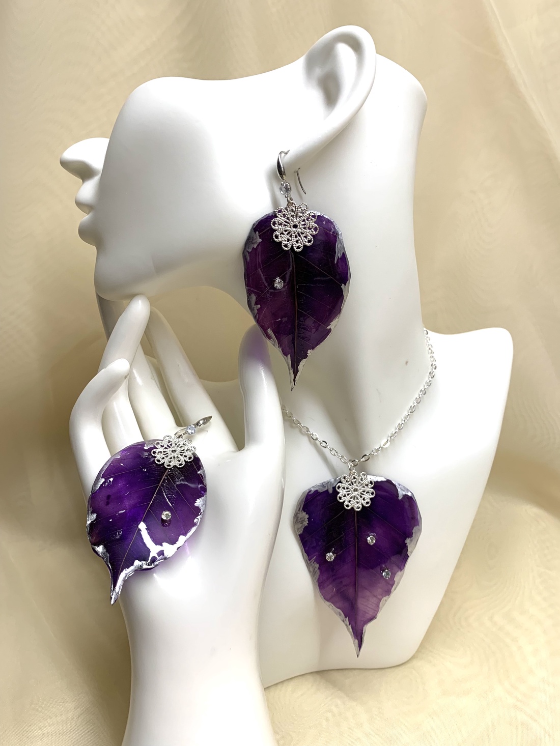 Set bijuterii cu frunze naturale Magnolie 00974 - bijuterii - seturi de bijuterii - Artynos.ro