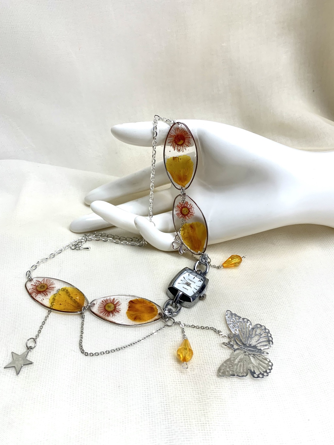 Colier-pandantiv cu flori naturalei si ceas 01345 - bijuterii - seturi de bijuterii - Artynos.ro