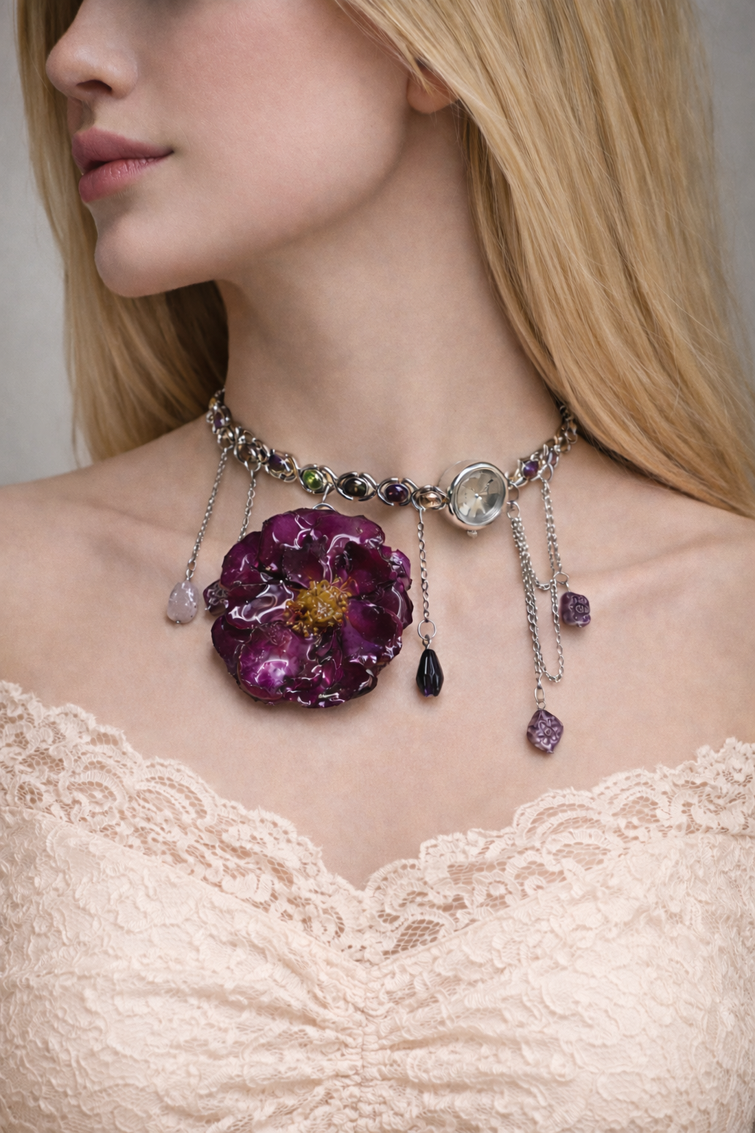 Colier cu Orhidee si ceas 01867 - bijuterii - coliere - coliere cu pandative - Artynos.ro