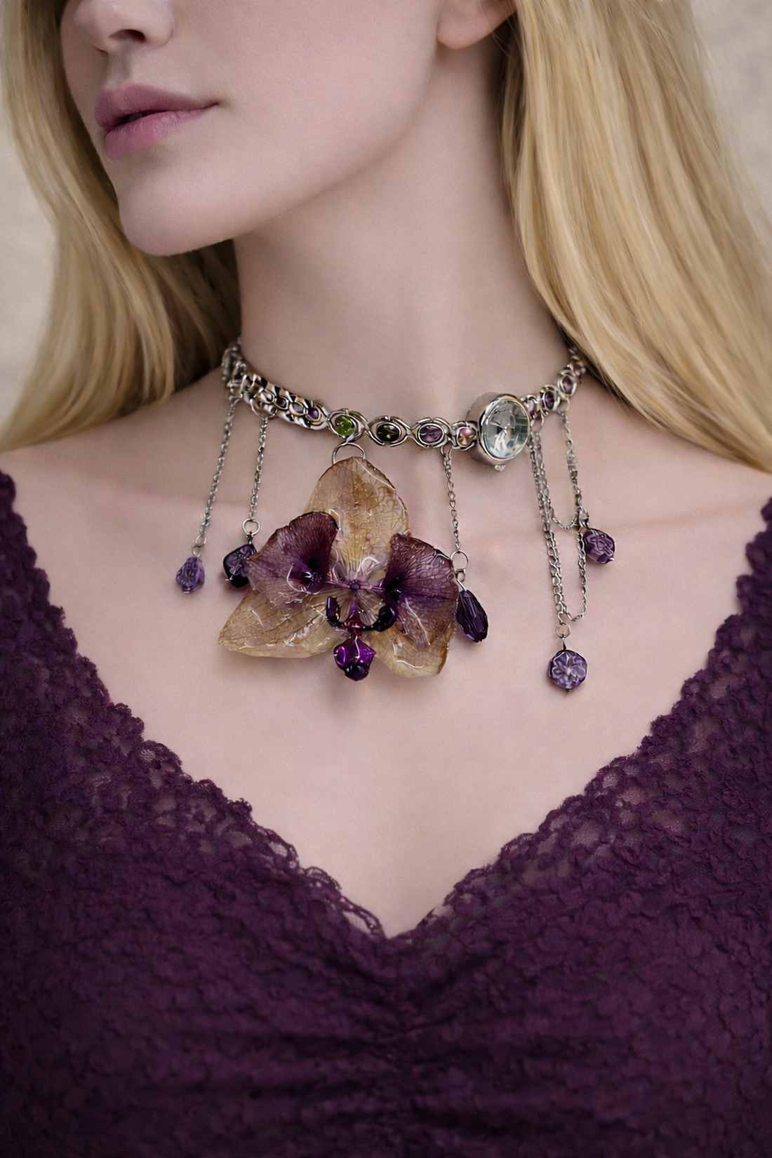 Colier cu Orhidee si ceas 01868 - bijuterii - coliere - coliere cu pandative - Artynos.ro