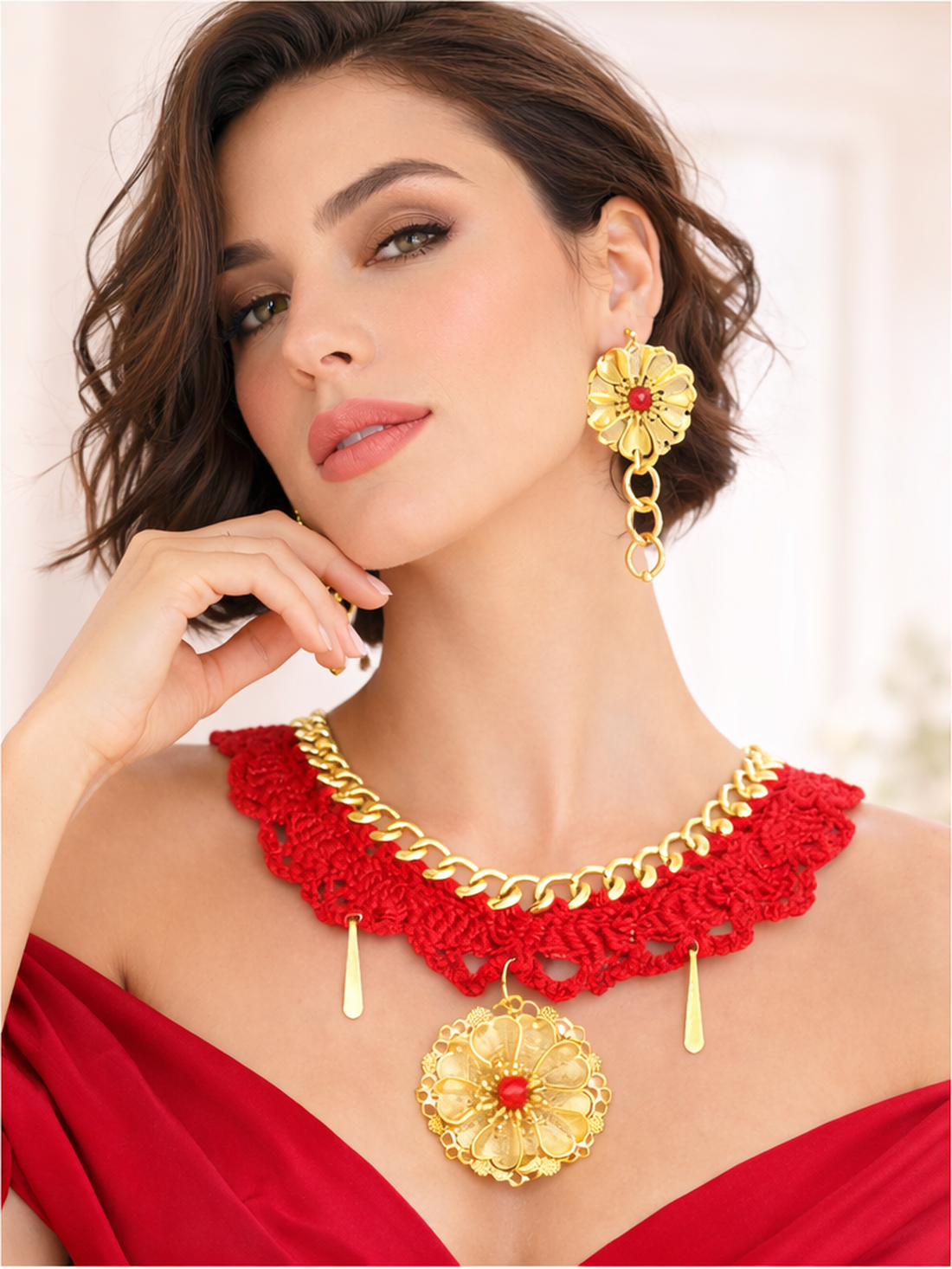 Set bijuterii Rouge Royale, croșetat din bumbac lucrat manual din Colecția Eleganță Croșetată  01898 - bijuterii - seturi de bijuterii - Artynos.ro