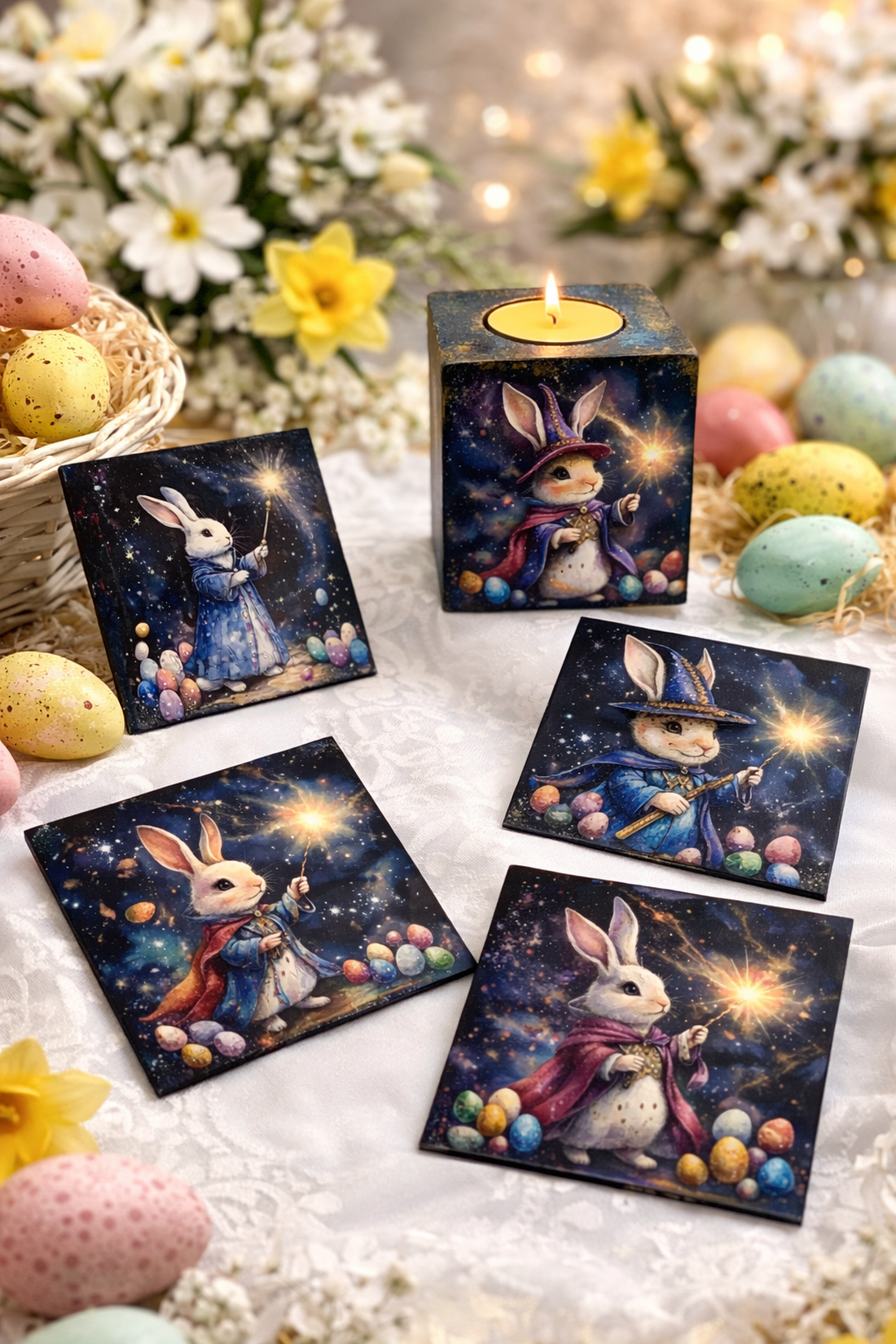 Set handmade Paște suport lumânare din lemn decorat manual + suporturi pahare cu iepurași 01903 - decor de sărbători - decorațiuni de paște - iepuraș de paște - Artynos.ro