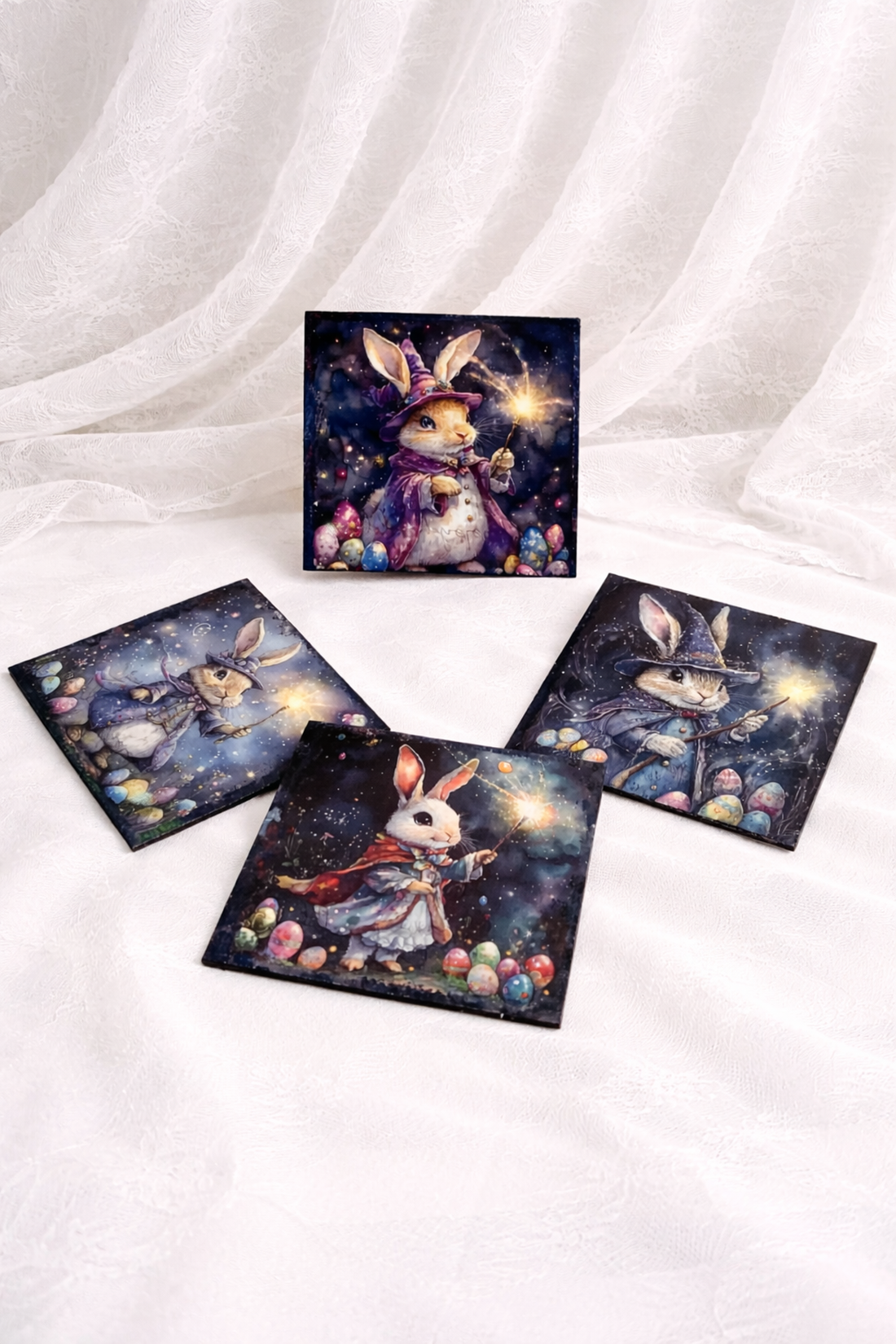 Set handmade Paște suport lumânare din lemn decorat manual + suporturi pahare cu iepurași 01903 - decor de sărbători - decorațiuni de paște - iepuraș de paște - Artynos.ro