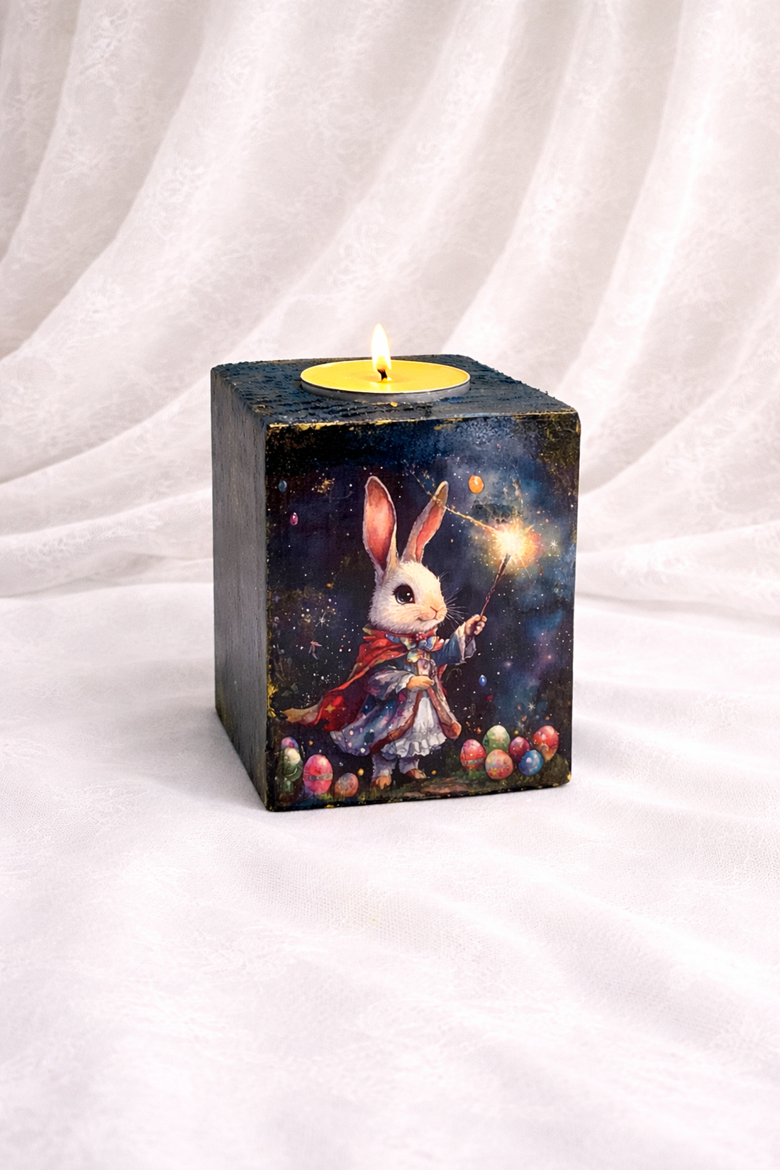 Set handmade Paște suport lumânare din lemn decorat manual + suporturi pahare cu iepurași 01903 - decor de sărbători - decorațiuni de paște - iepuraș de paște - Artynos.ro