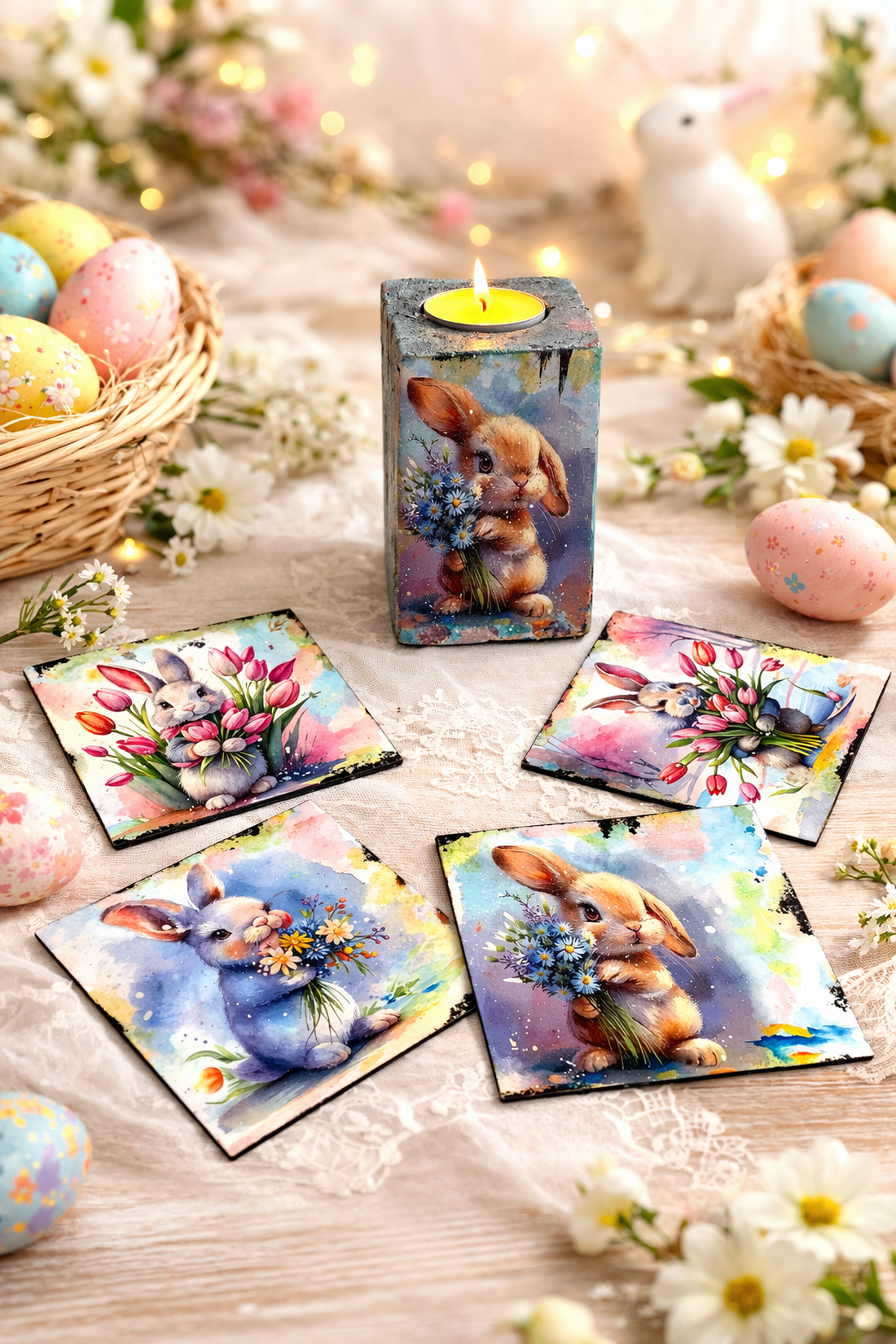 Set handmade Paște suport lumânare din lemn decorat manual + suporturi pahare cu iepurași 01904 - decor de sărbători - decorațiuni de paște - decor masă de paște - Artynos.ro