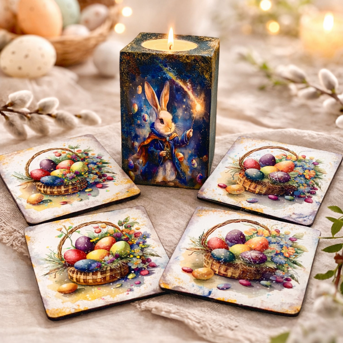 Set cadou de Paște , suport lumânare din lemn decorat manual + suporturi pahare cu iepurași 01905 - decor de sărbători - decorațiuni de paște - decor masă de paște - Artynos.ro