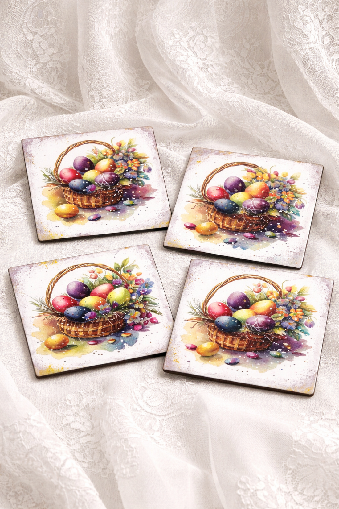 Set cadou de Paște , suport lumânare din lemn decorat manual + suporturi pahare cu iepurași 01905 - decor de sărbători - decorațiuni de paște - decor masă de paște - Artynos.ro