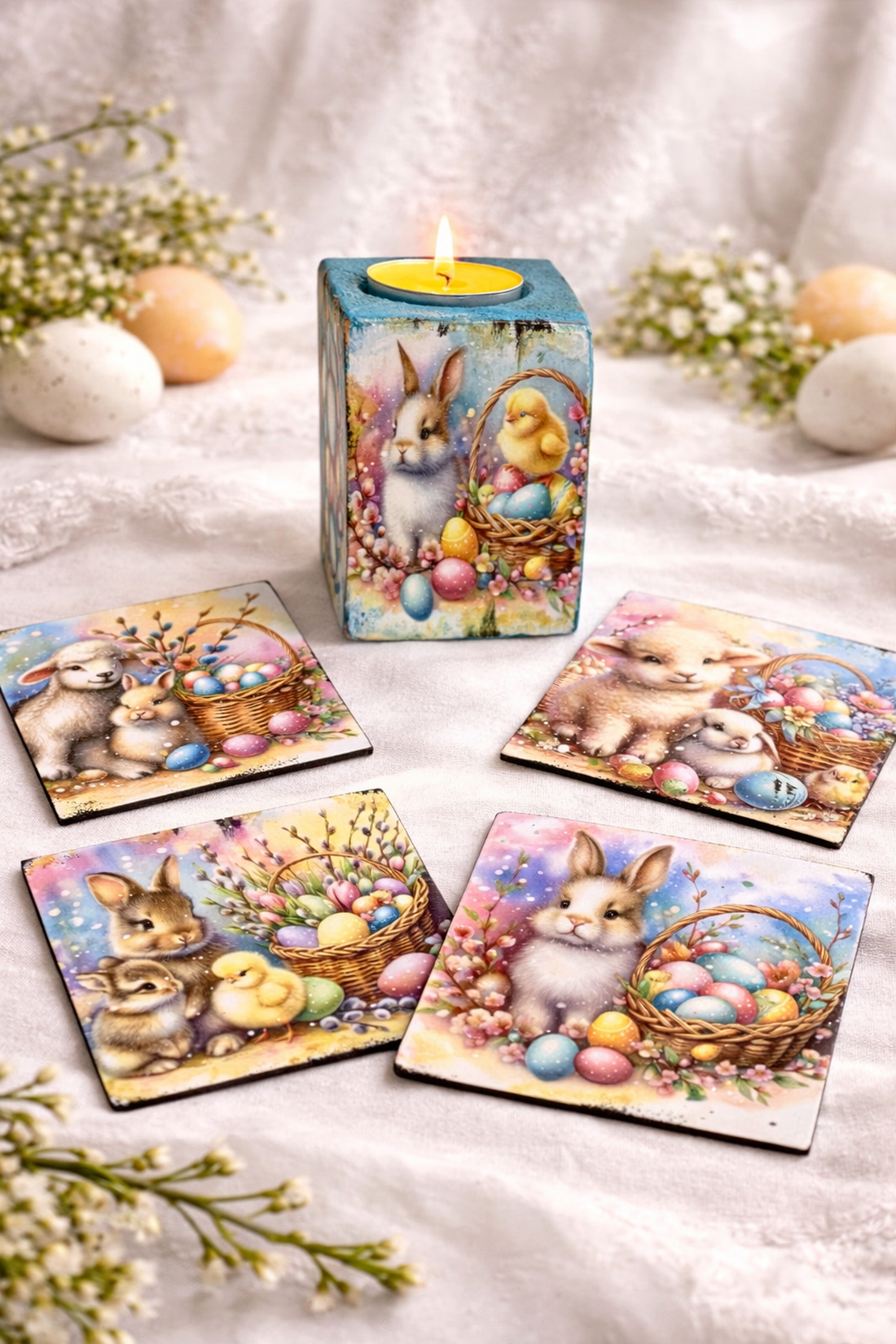 Set cadou de Paște , suport lumânare din lemn decorat manual + suporturi pahare cu iepurași 01906 - decor de sărbători - decorațiuni de paște - decor masă de paște - Artynos.ro