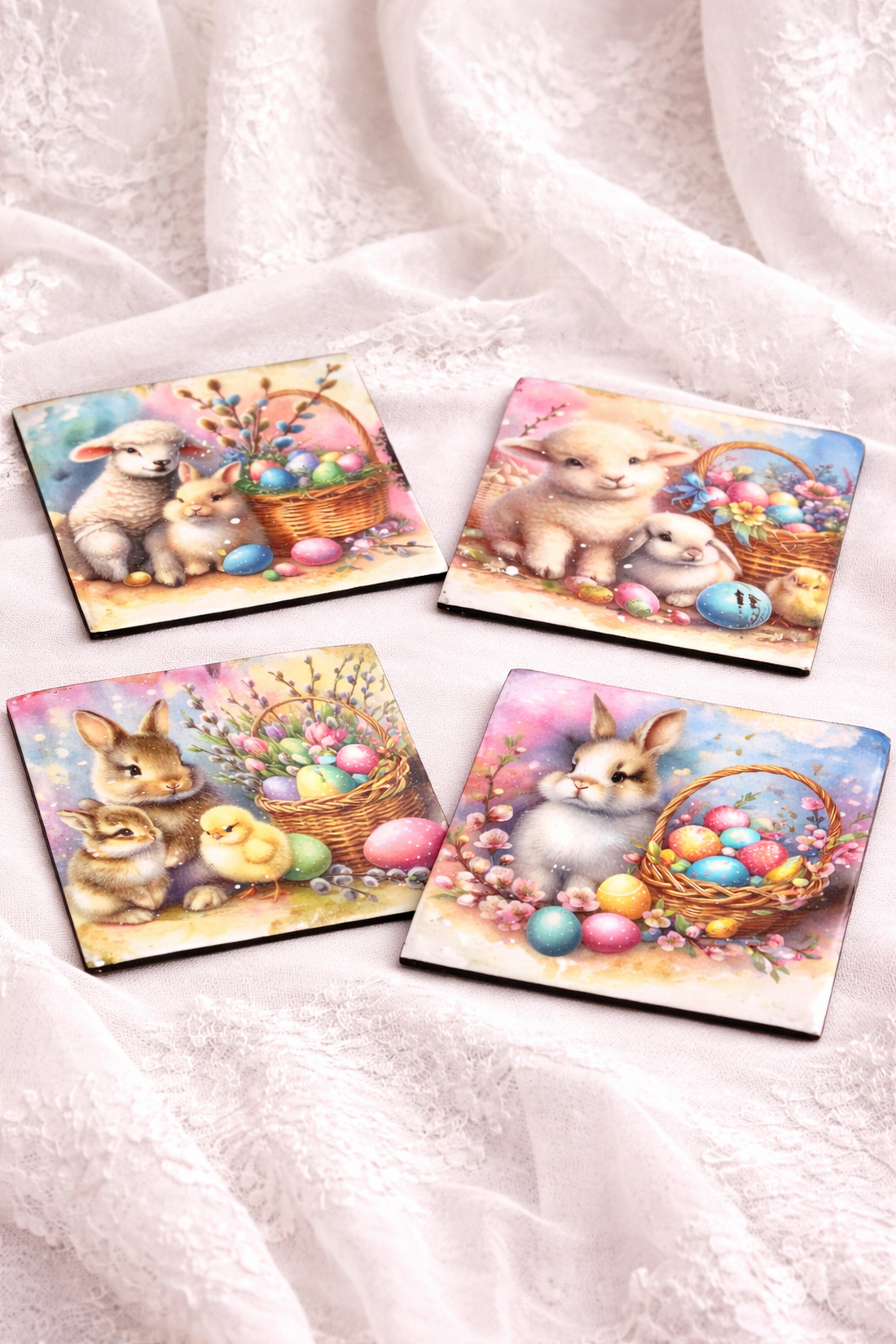 Set cadou de Paște , suport lumânare din lemn decorat manual + suporturi pahare cu iepurași 01906 - decor de sărbători - decorațiuni de paște - decor masă de paște - Artynos.ro