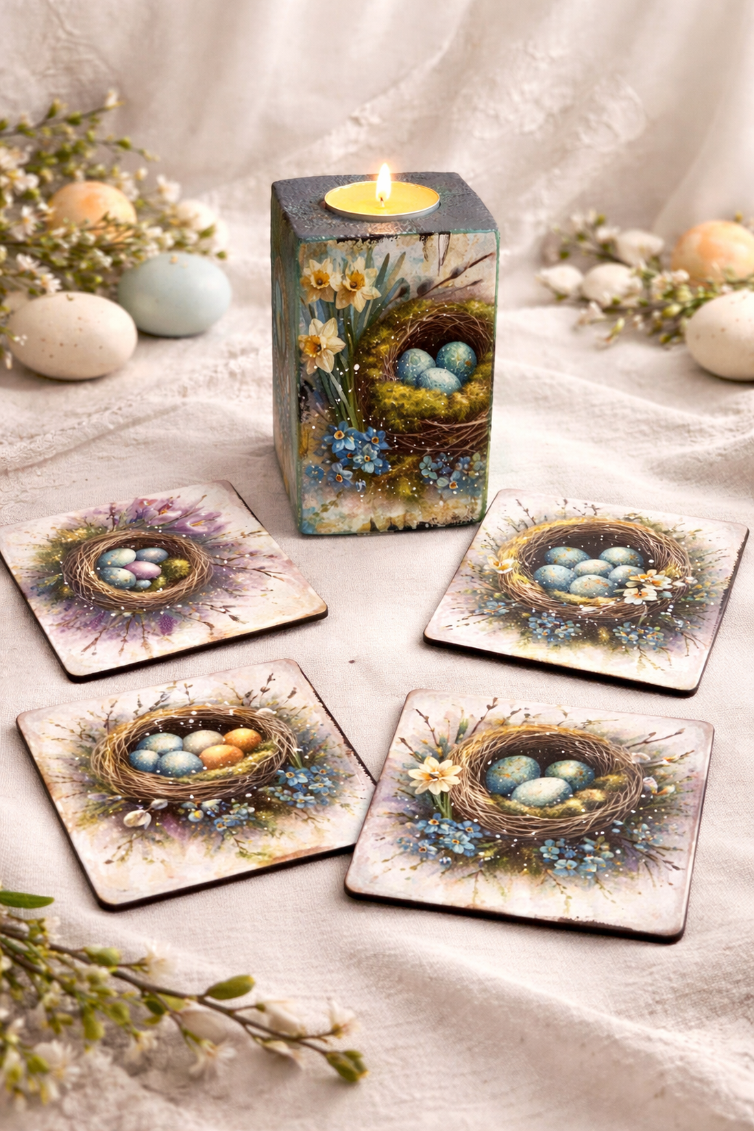 Set cadou de Paște, suport lumânare din lemn decorat manual + suporturi pahare cu iepurași 01907 - decor de sărbători - decorațiuni de paște - decor masă de paște - Artynos.ro