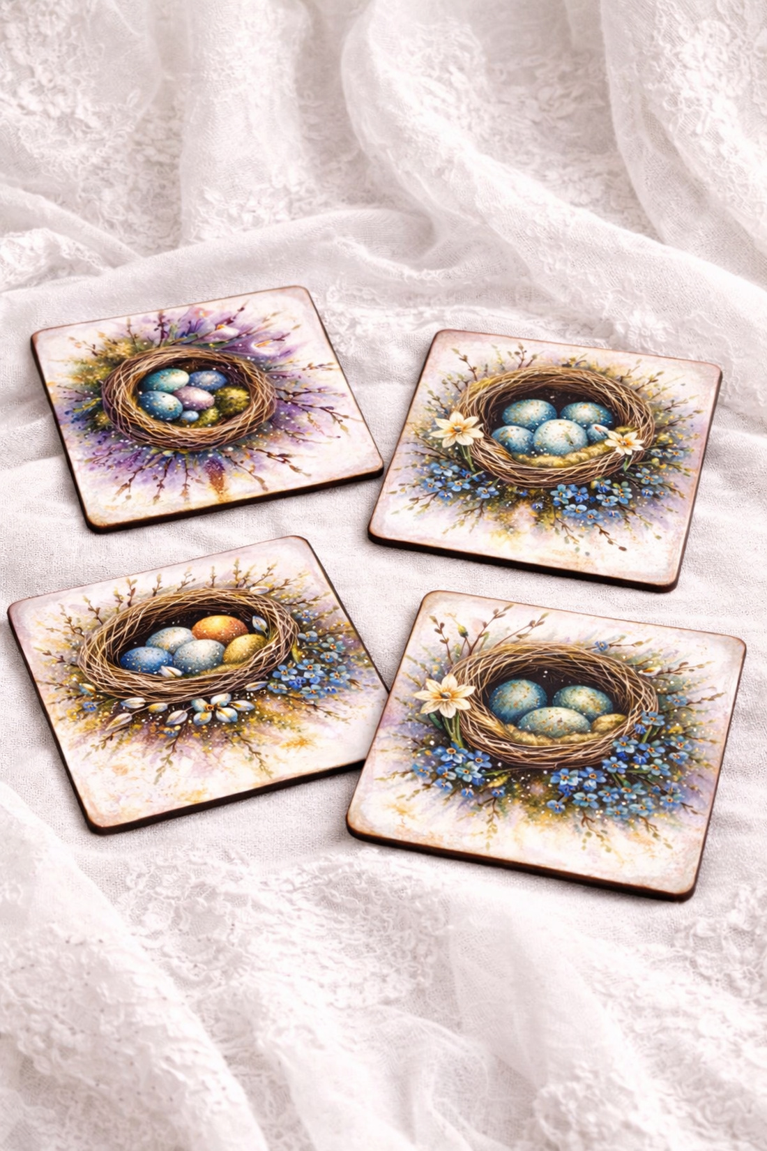 Set cadou de Paște, suport lumânare din lemn decorat manual + suporturi pahare cu iepurași 01907 - decor de sărbători - decorațiuni de paște - decor masă de paște - Artynos.ro