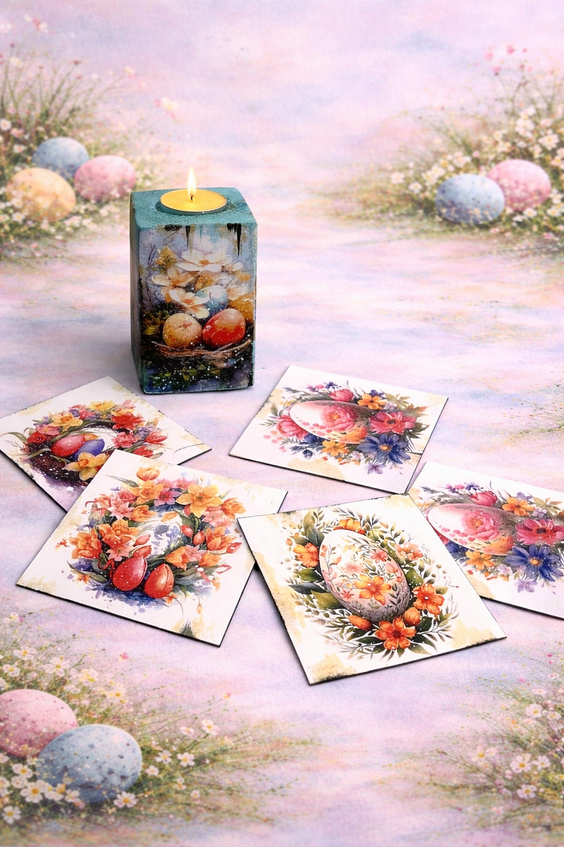 Set cadou de Paște ,suport lumânare din lemn decorat manual + suporturi pahare cu iepurași 01908 - decor de sărbători - decorațiuni de paște - decor masă de paște - Artynos.ro