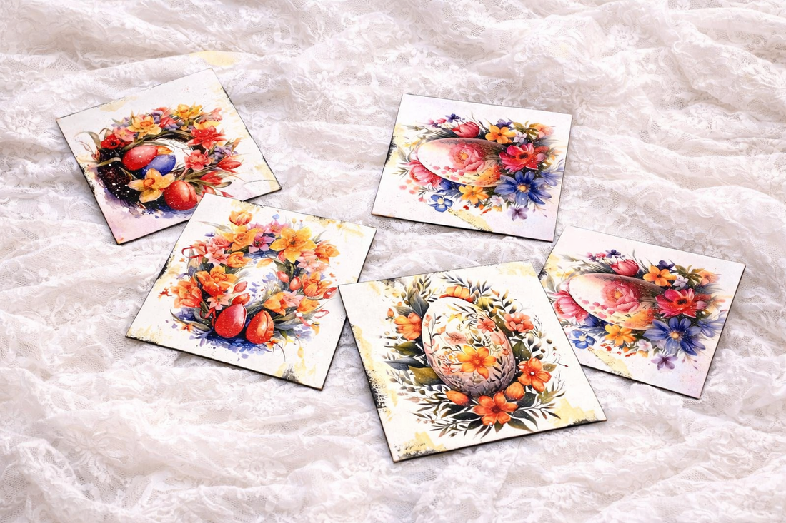 Set cadou de Paște ,suport lumânare din lemn decorat manual + suporturi pahare cu iepurași 01908 - decor de sărbători - decorațiuni de paște - decor masă de paște - Artynos.ro