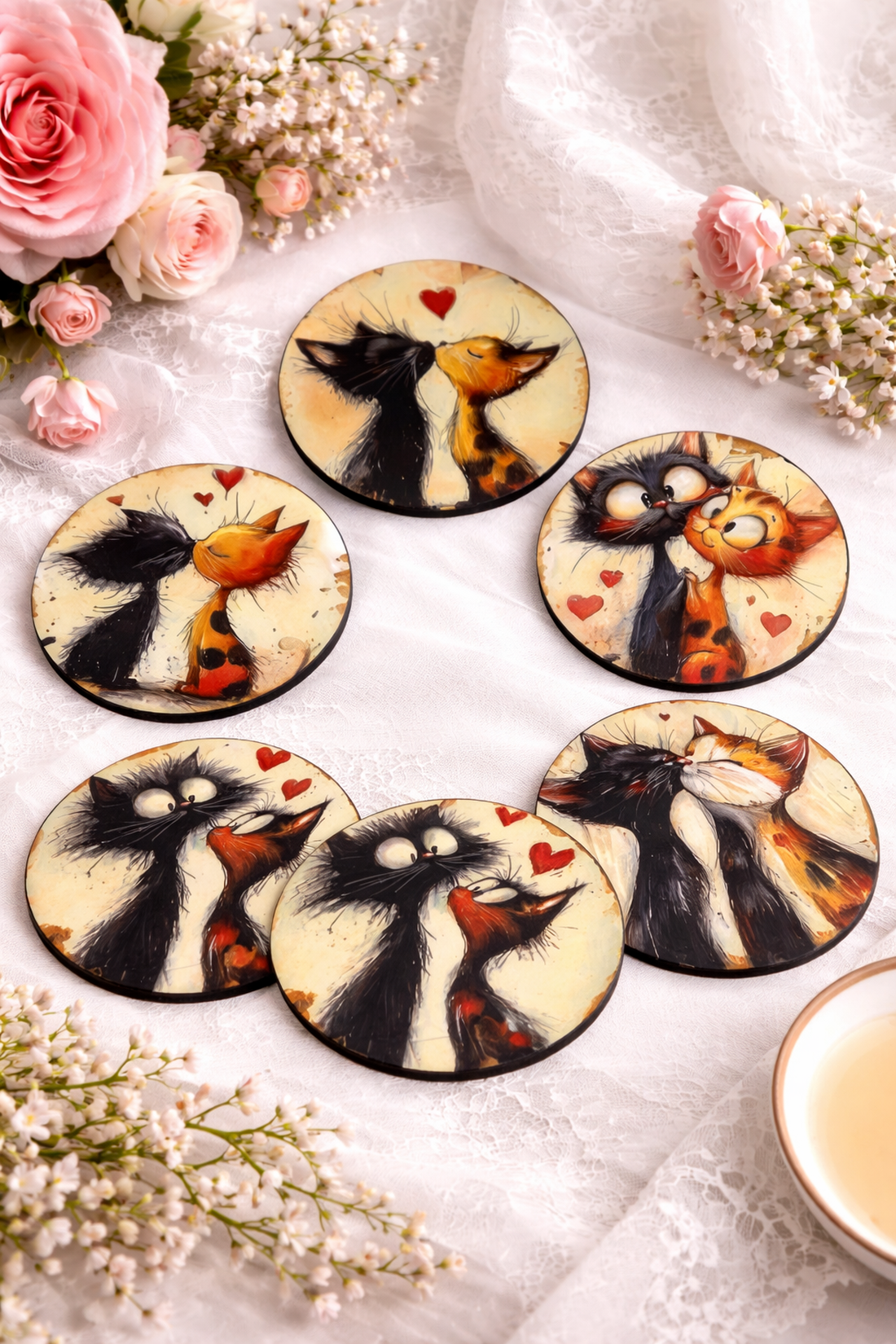 Suport pahare din lemn, decorat manual- Love Cats 01909 - casă & stil de viață - seturi de cadou - Artynos.ro