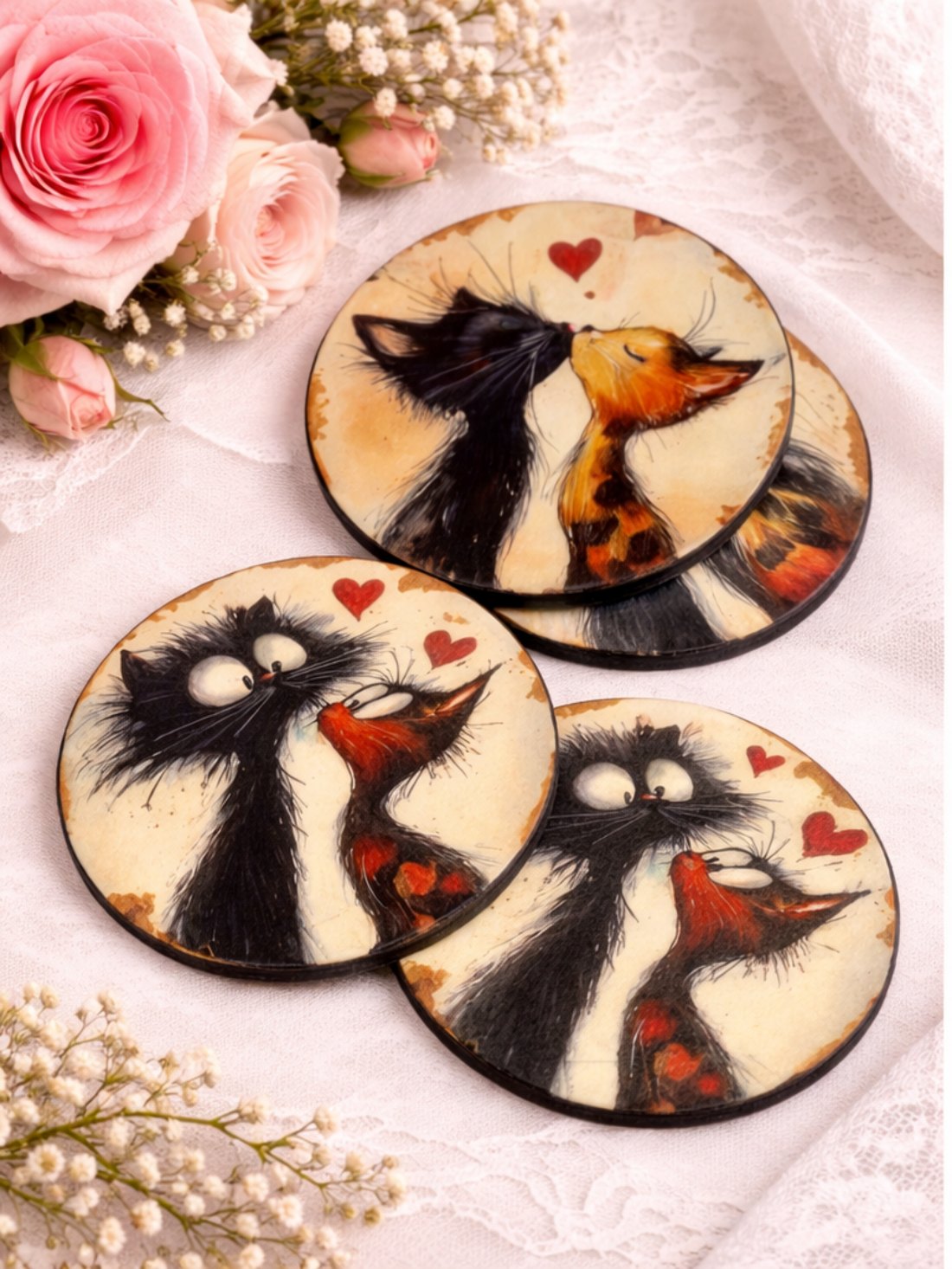 Suport pahare din lemn, decorat manual- Love Cats 01909 - casă & stil de viață - seturi de cadou - Artynos.ro