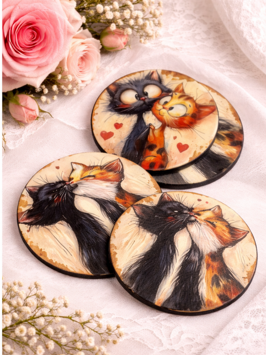 Suport pahare din lemn, decorat manual- Love Cats 01909 - casă & stil de viață - seturi de cadou - Artynos.ro