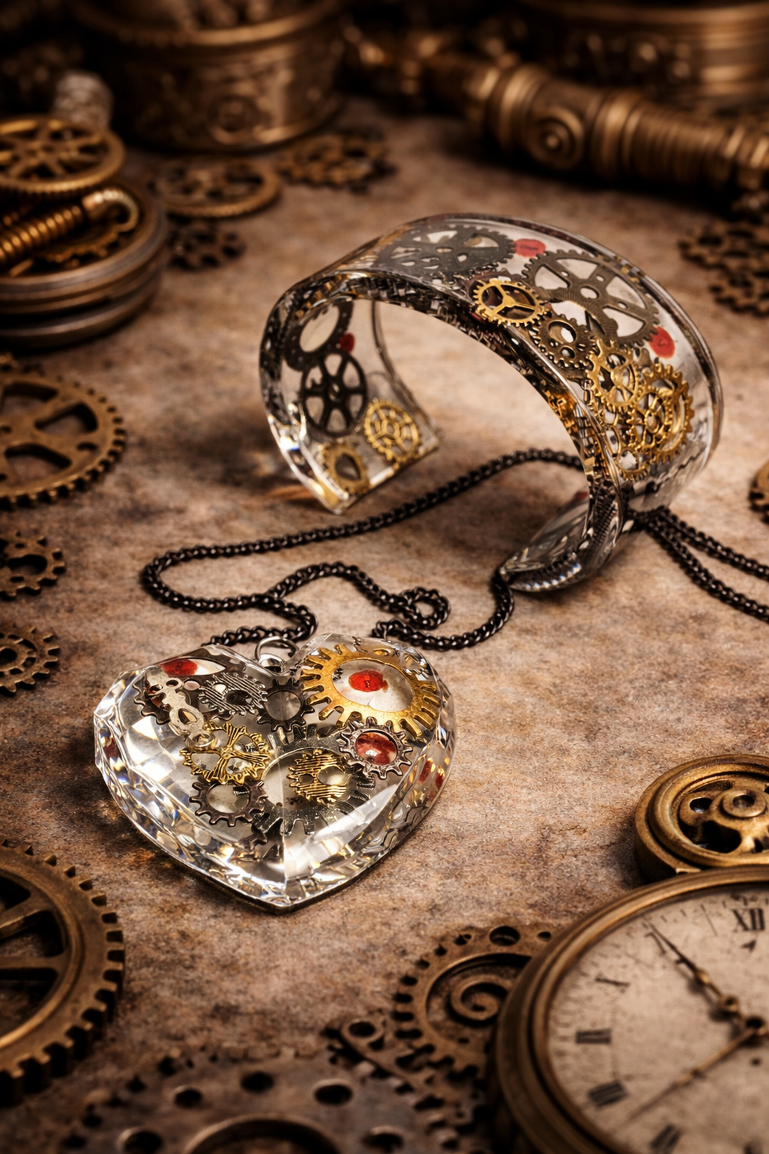 Set bijuterii steampunk handmade � pandantiv inimă -brățară din rășină crystal clear cu mecanisme 01924 - bijuterii - seturi de bijuterii - Artynos.ro
