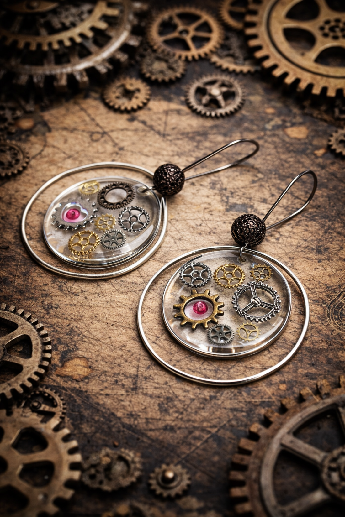 cercei steampunk handmade din rășină cu mecanisme de ceas 01932 - bijuterii - cercei - cercei din rășină - Artynos.ro