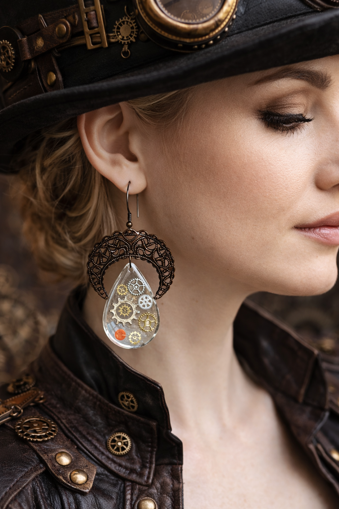 cercei steampunk handmade din rășină cu mecanisme de ceas 01932 - bijuterii - cercei - cercei din rășină - Artynos.ro