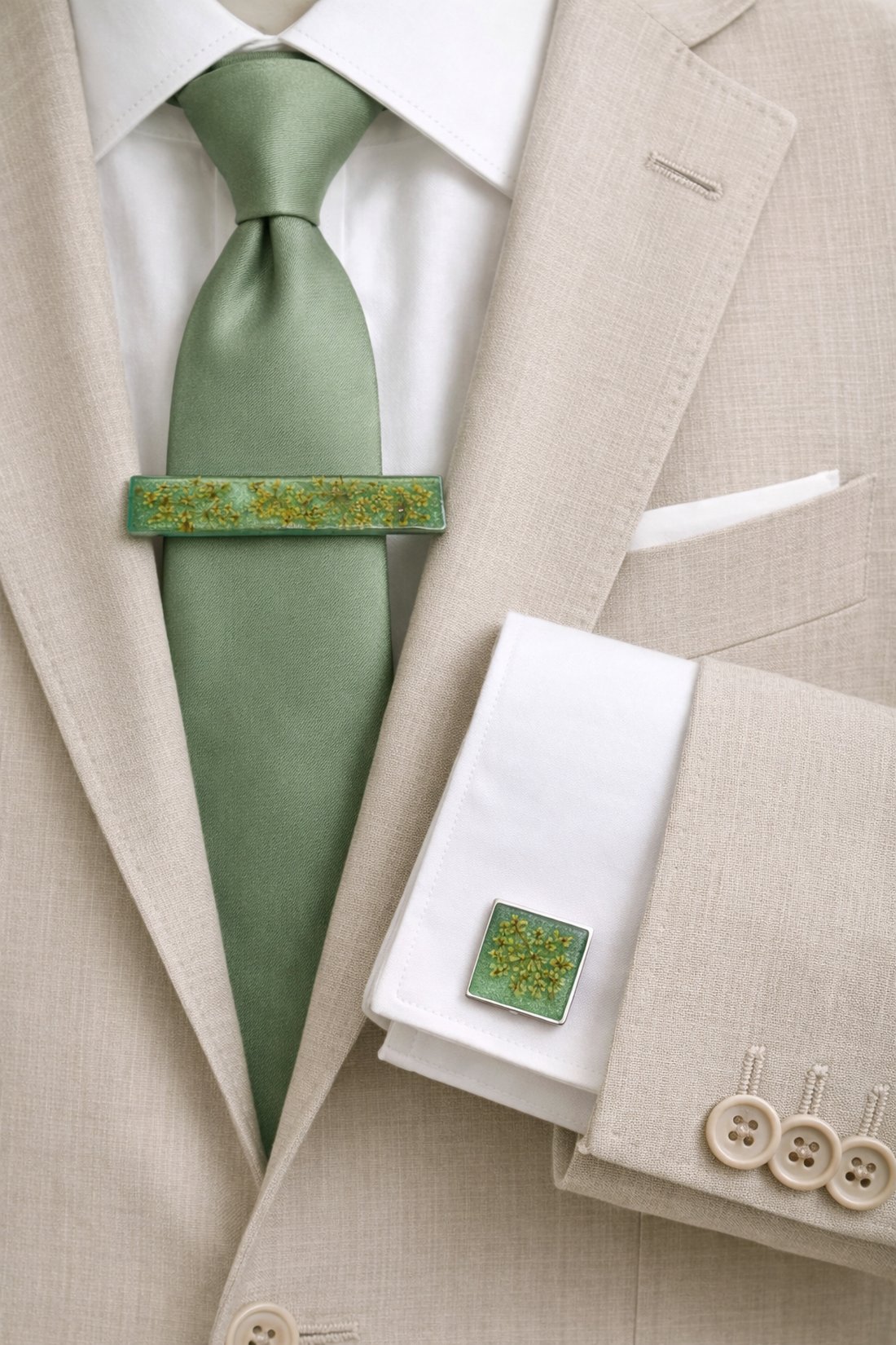 Clemă de cravată și butoni cu flori naturale în rășină -Set cadou accesorii bărbați 01938 - bijuterii - butoni de manșetă - Artynos.ro