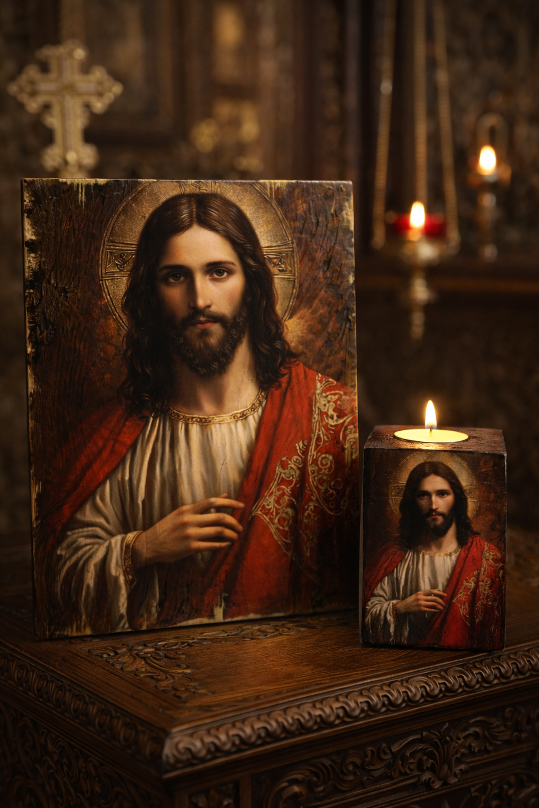 Set handmde unicat -icoana cu lumanare 01995 - casă & stil de viață - accesorii religioase - icoane cu sfinți - Artynos.ro