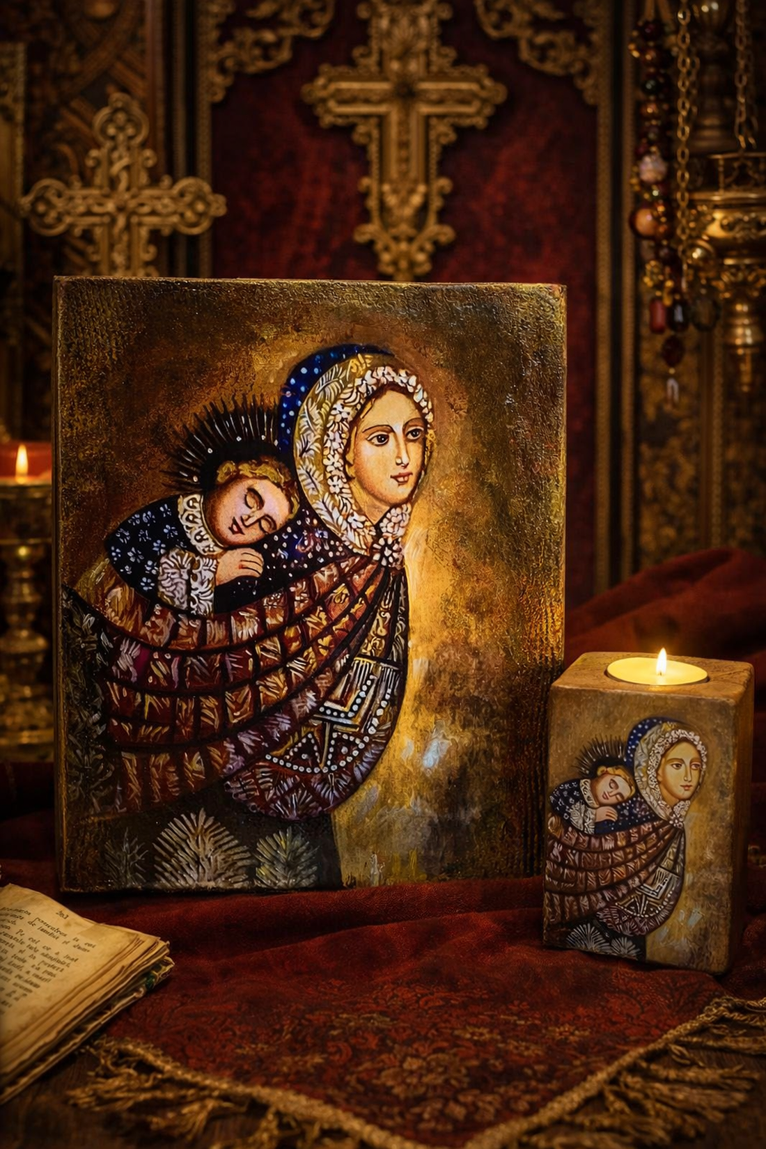 Set handmde unicat -icoana cu suport lumanare 02029 - casă & stil de viață - accesorii religioase - icoane cu sfinți - Artynos.ro