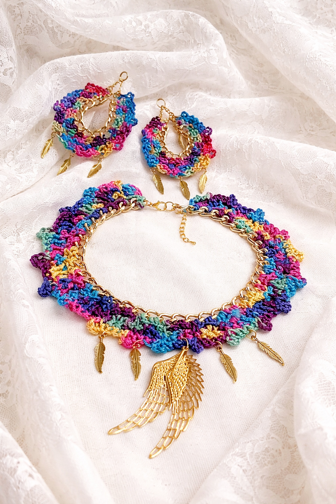 Set bijuterii Rainbow Wings - croșetat manual 20242 - bijuterii - seturi de bijuterii - Artynos.ro