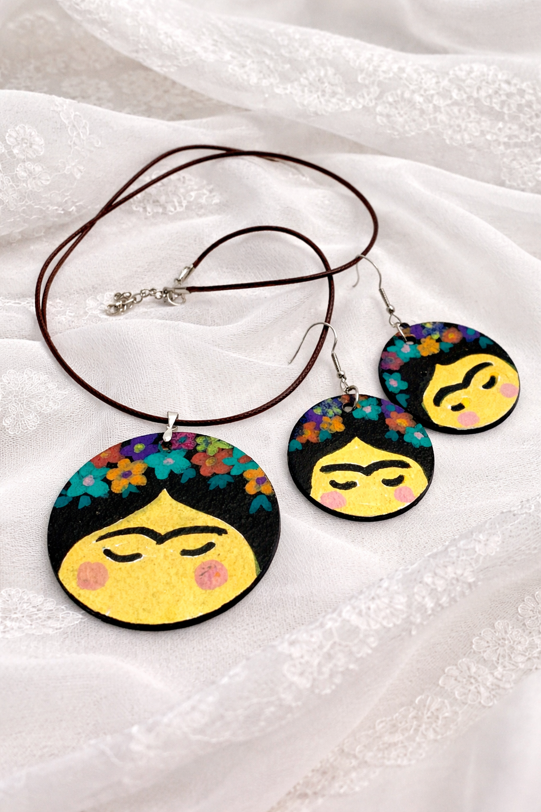 Set bijuterii  pictat manual  -motiv Frida Kahlo 02044 - bijuterii - seturi de bijuterii - Artynos.ro