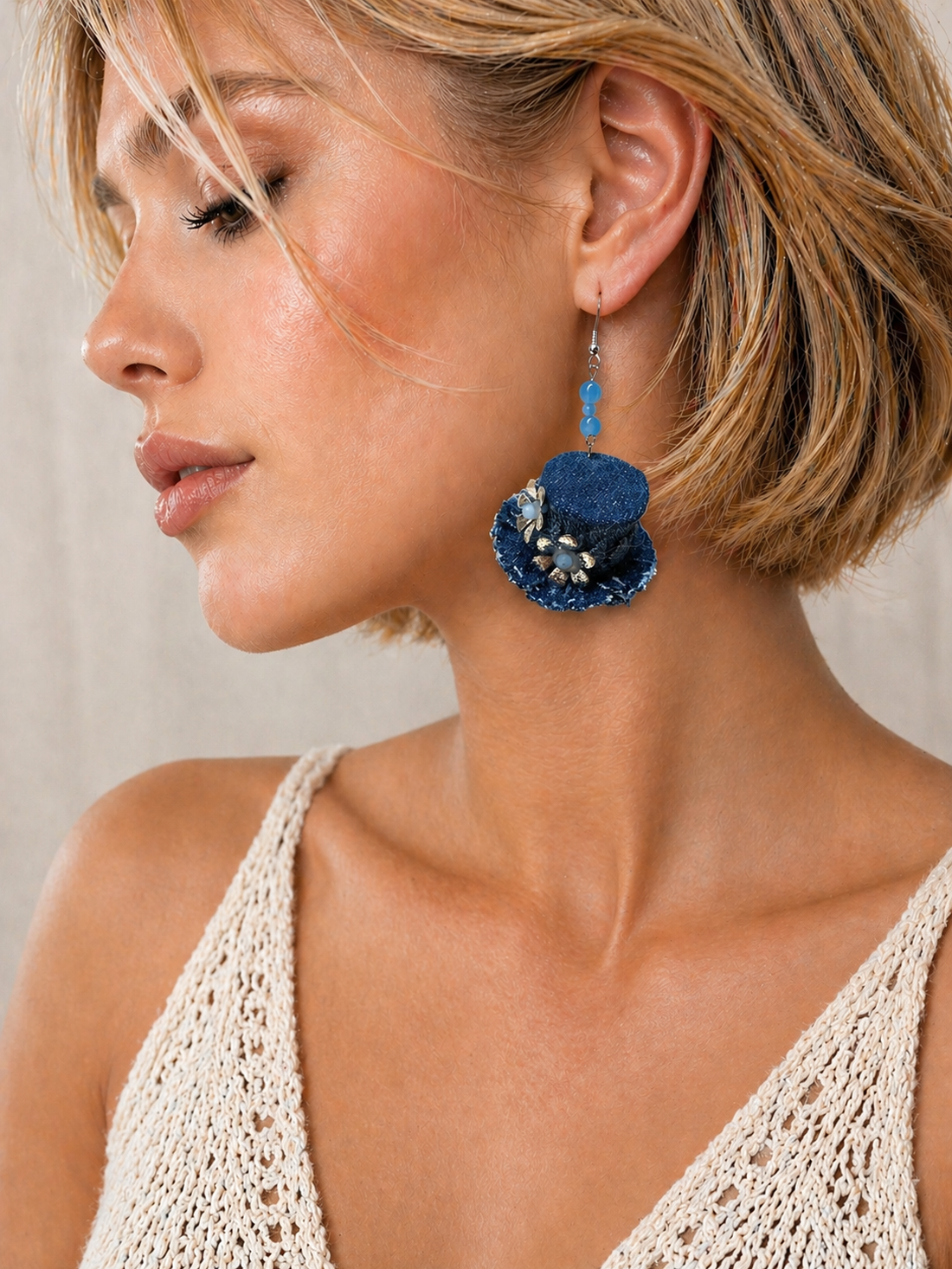 Cercei pălăriuță din denim-blugi 02062 - bijuterii - cercei - cercei lungi - Artynos.ro