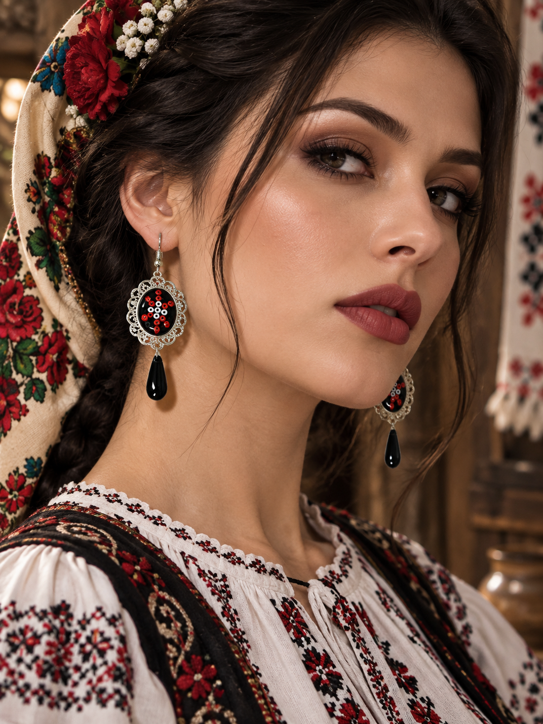 Cercei motiv traditional popular  02487 - bijuterii - cercei - cercei din rășină - Artynos.ro
