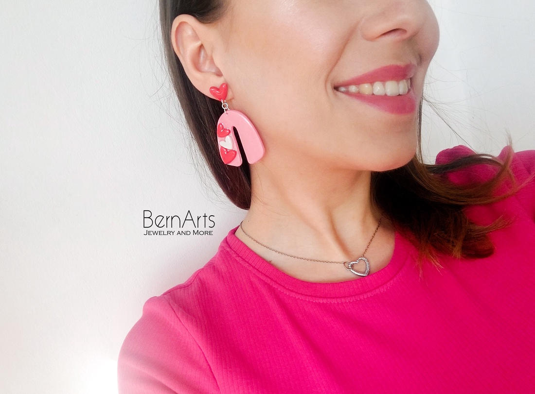 Cercei Dama Roz Statement Romantic Inimioare - bijuterii - cercei - cercei lungi - Artynos.ro