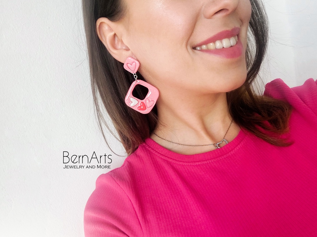 Cercei Roz Statement Romantic Inimioare Pătrat - bijuterii - cercei - cercei lungi - Artynos.ro