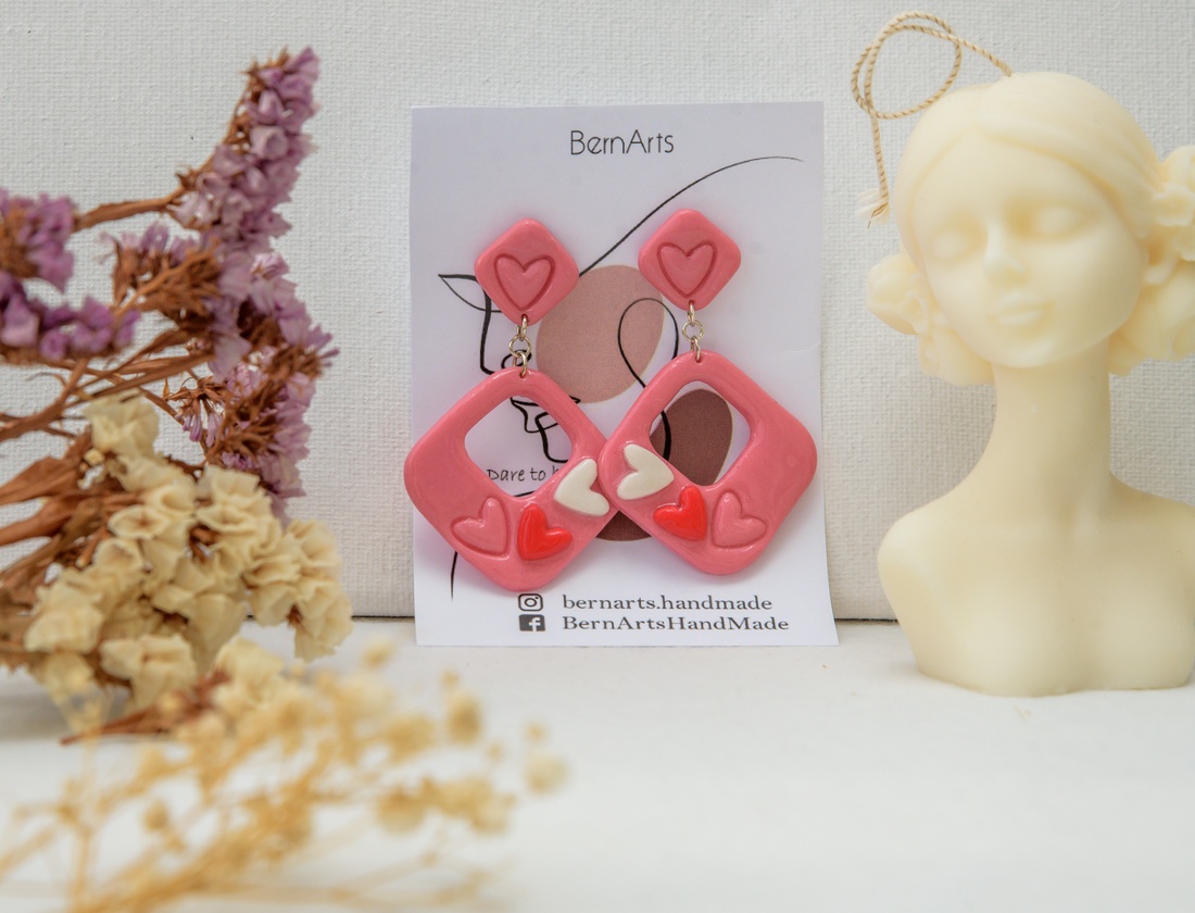 Cercei Roz Statement Romantic Inimioare Pătrat - bijuterii - cercei - cercei lungi - Artynos.ro