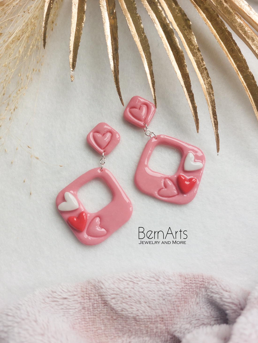 Cercei Roz Statement Romantic Inimioare Pătrat - bijuterii - cercei - cercei lungi - Artynos.ro
