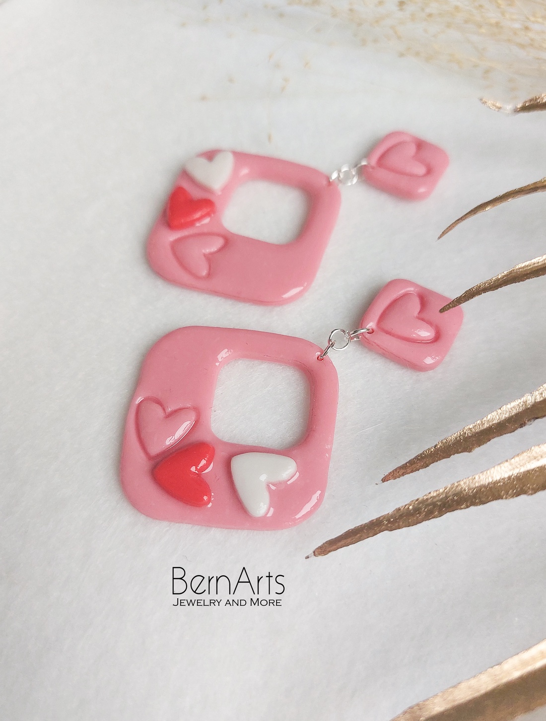 Cercei Roz Statement Romantic Inimioare Pătrat - bijuterii - cercei - cercei lungi - Artynos.ro