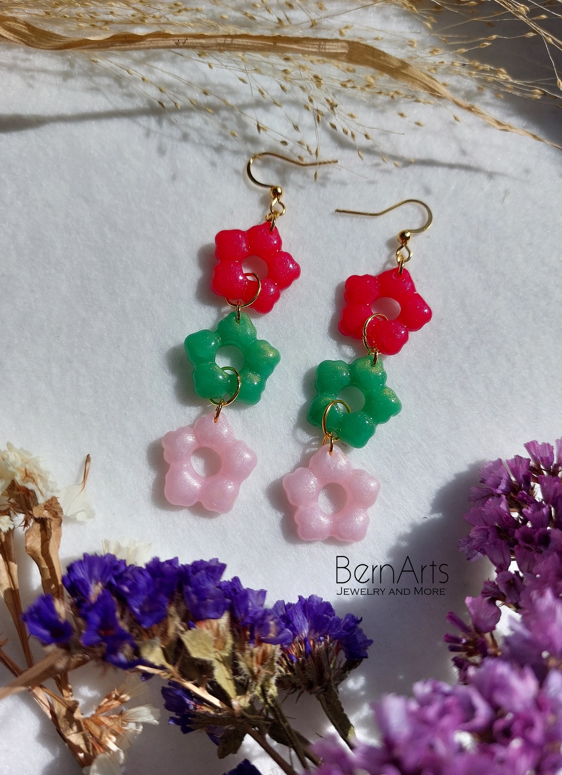 Cercei Lungi Floricele Roz Verde Handmade Eleganți Primavara - bijuterii - cercei - cercei lungi - Artynos.ro