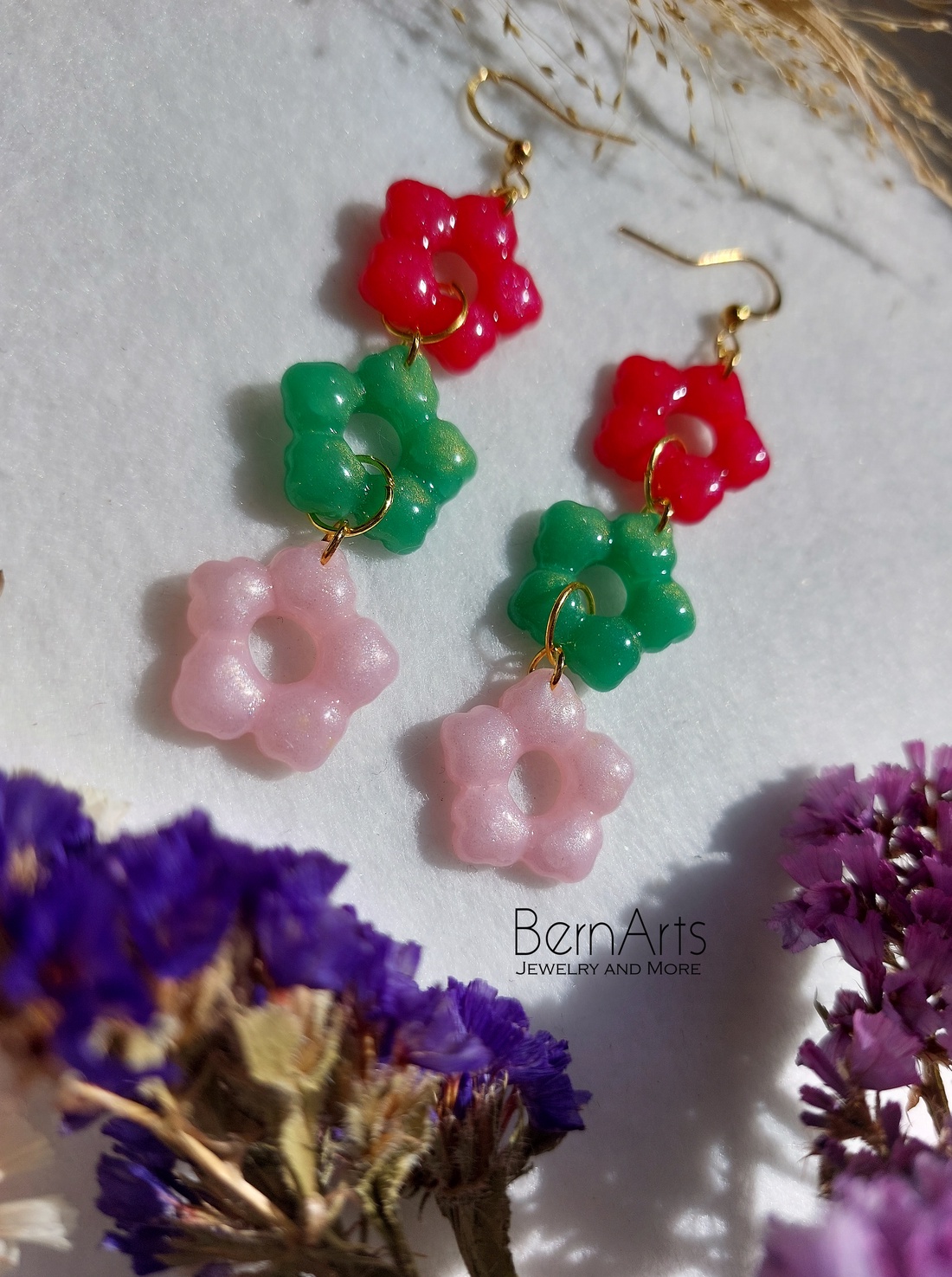 Cercei Lungi Floricele Roz Verde Handmade Eleganți Primavara - bijuterii - cercei - cercei lungi - Artynos.ro