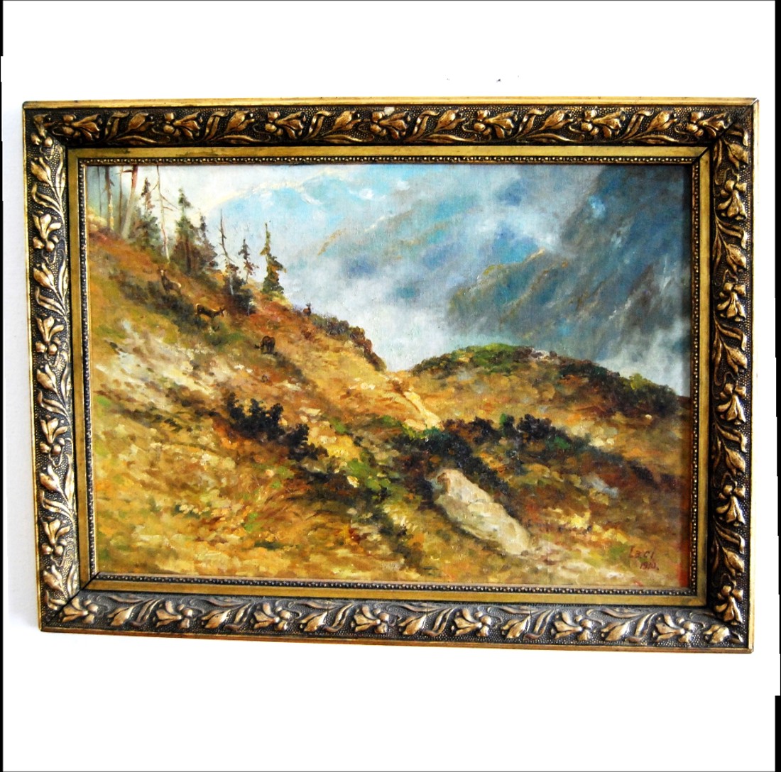 Pictură de vânătoare antică, Zergék în Alpi - arte vizuale și accesorii  - picturi - pictură în ulei - Artynos.ro