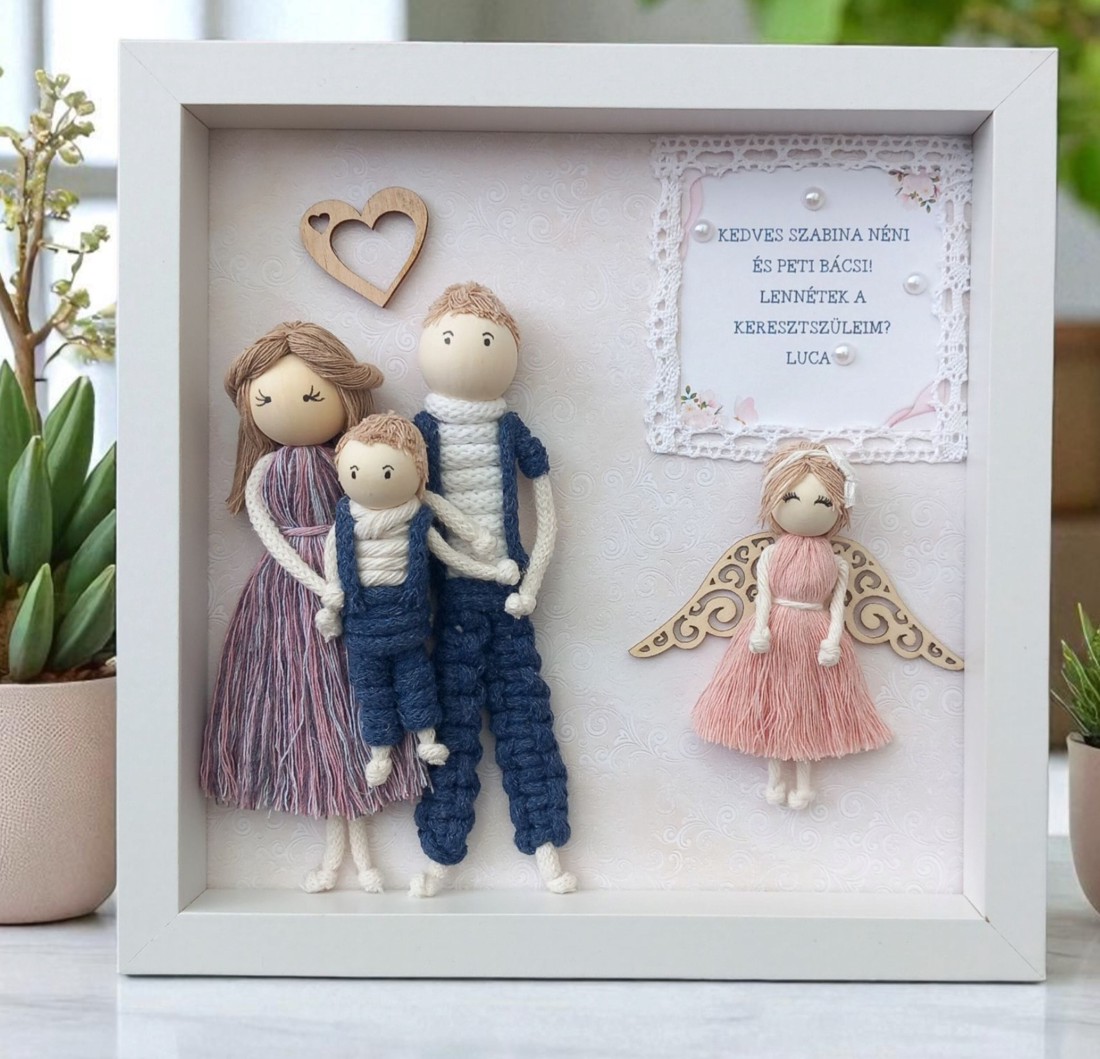 Invitație personalizată pentru nași cu imagine 3D - înger macramé cu decor elegant -  - Artynos.ro