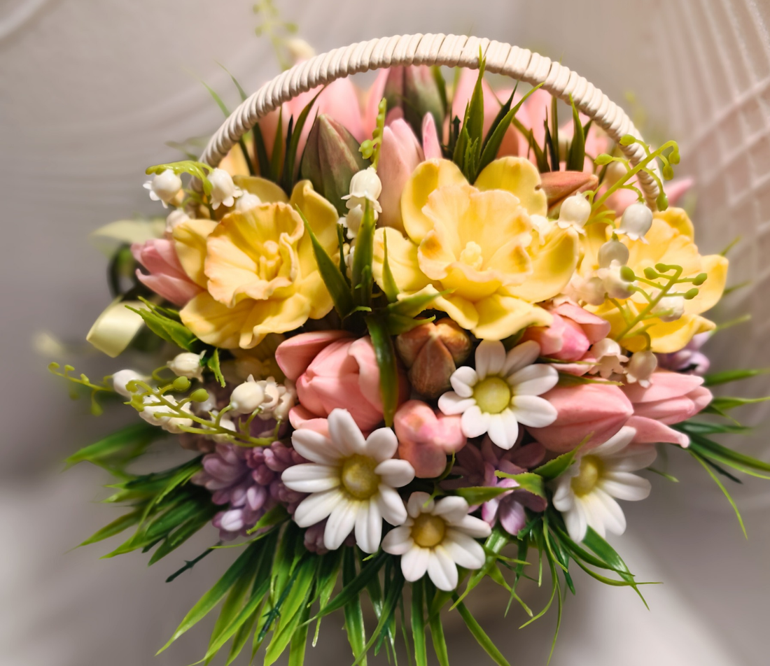 Aranjament floral din săpun în coș � cadou elegant și parfumat handmade - casă & stil de viață - decorațiuni de casă - accesorii florale - buchete de flori - Artynos.ro