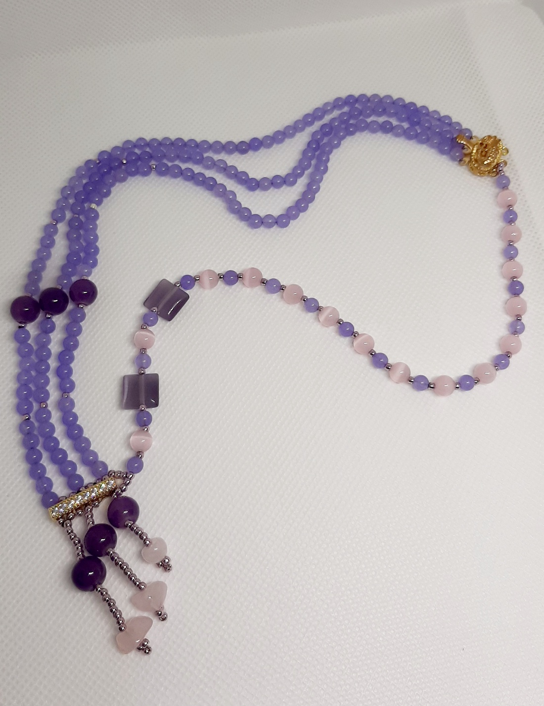 Colier handmade asimetric confectionat din pietre din ametist, agate, ochi de pisica si alte pietre semipretioase  - bijuterii - coliere - coliere din mărgele - Artynos.ro