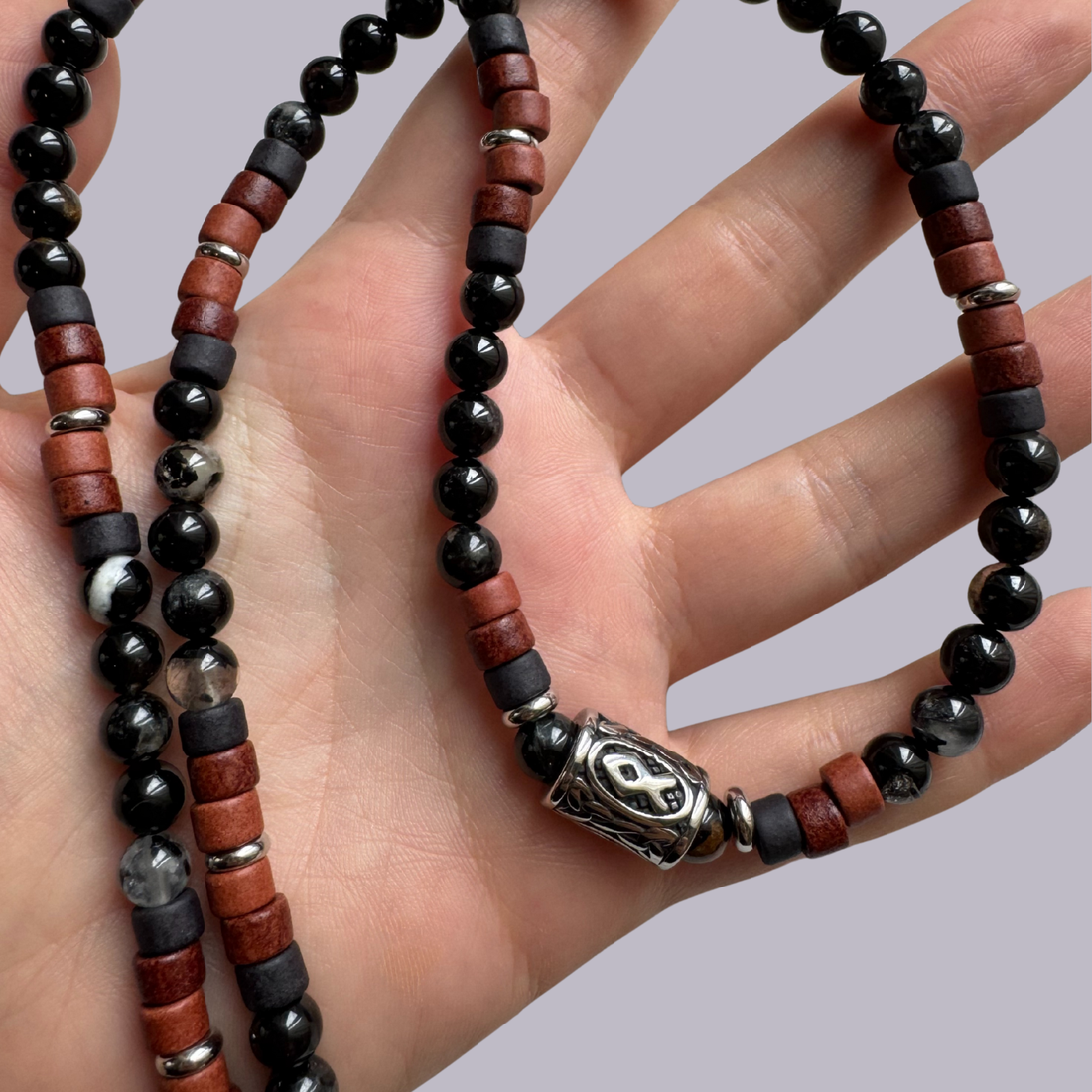 Colier barbati din turmalina neagra, ceramica si pandativ Rune Vikinge - Othala - bijuterii - coliere - coliere din pietre semiprețioase - Artynos.ro