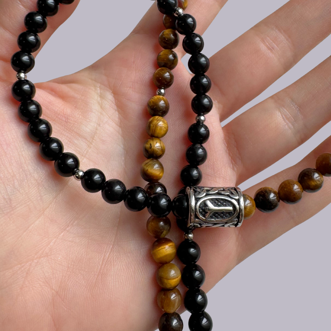 Colier barbati ochi de tigru, obsidian si pandativ Rune Vikinge - Algiz - bijuterii - coliere - coliere din pietre semiprețioase - Artynos.ro