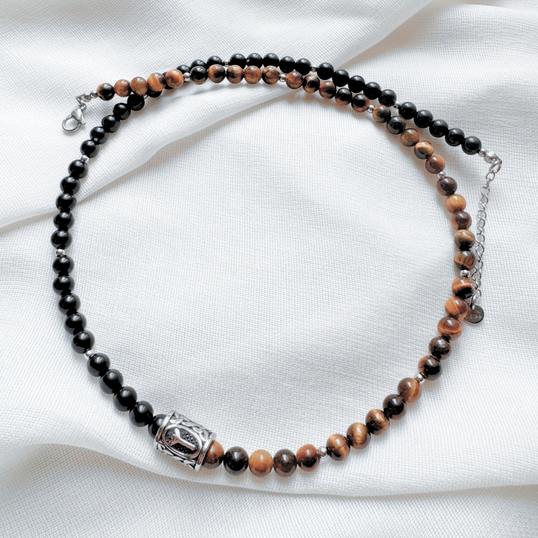 Colier barbati ochi de tigru, obsidian si pandativ Rune Vikinge - Algiz - bijuterii - coliere - coliere din pietre semiprețioase - Artynos.ro