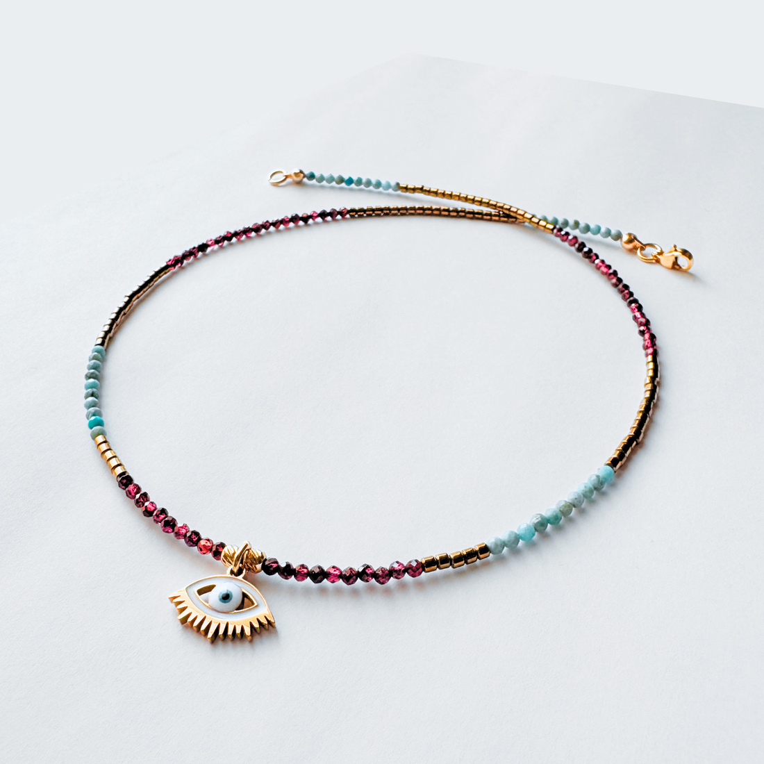 Colier Evil Eye cu granat, turcoaz si hematit - Protectie - bijuterii - coliere - coliere din mărgele - Artynos.ro