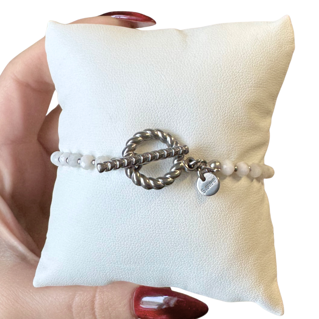 Bratara argintie din piatra lunii si otel inoxidabil cu inchizatoare toggle - bijuterii - brățări - brățări din pietre semiprețioase - Artynos.ro